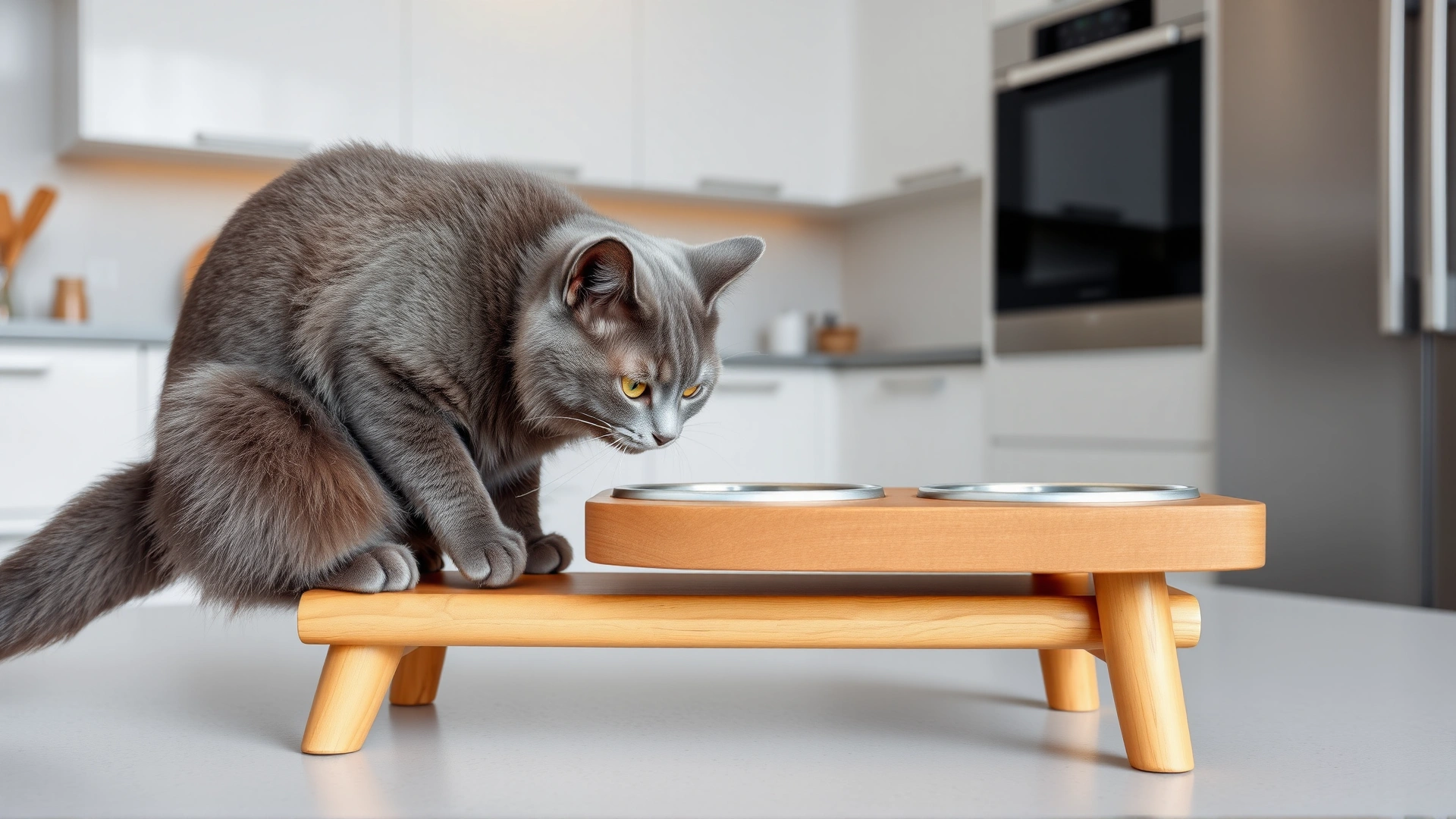 Gray cat eating from an elevated double-bowl wooden feeder stand in a minimalist kitchen