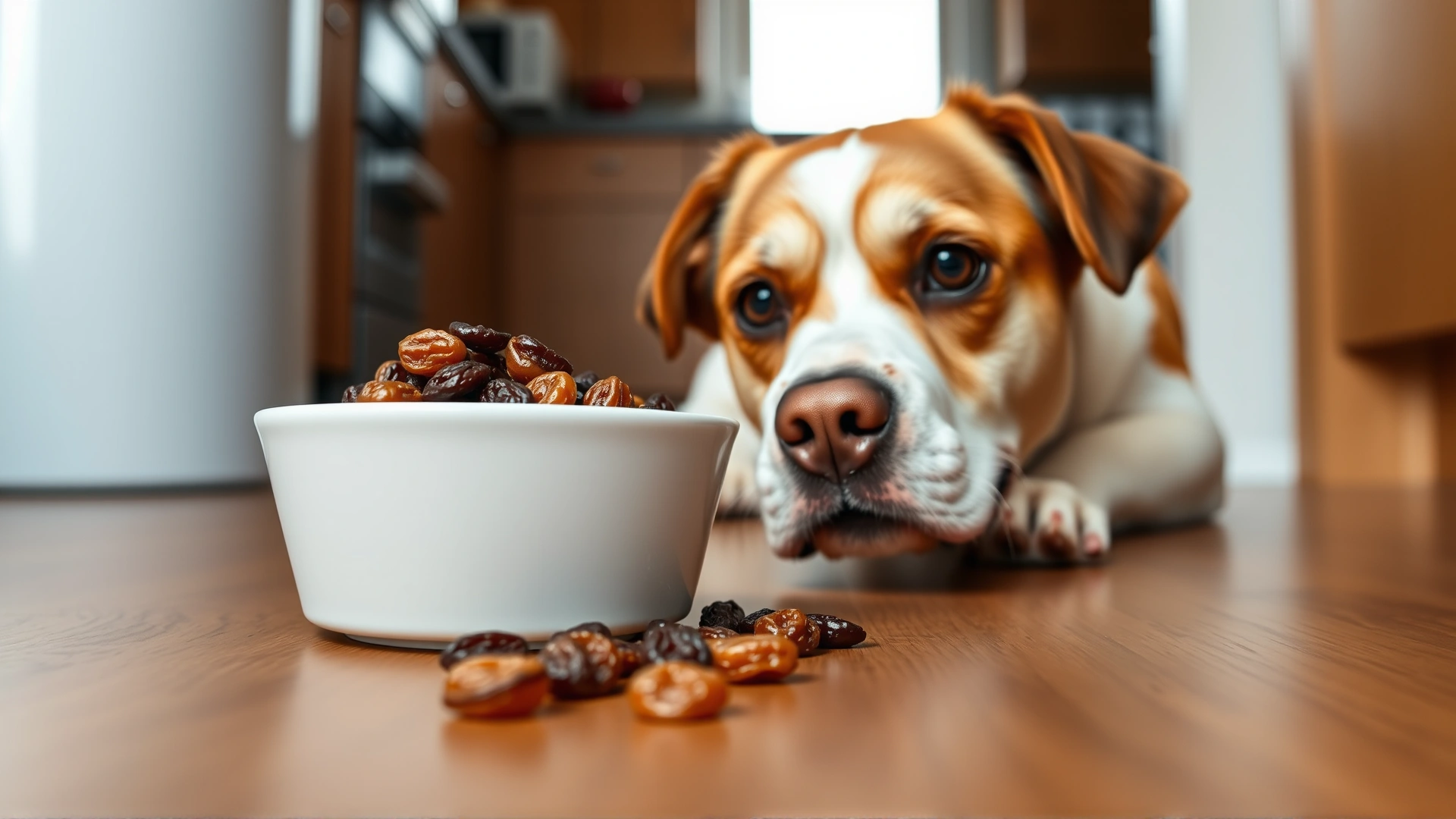 Small bowl of raisins tipped over next to a curious dog with concerned eyes, kitchen floor setting, natural light.