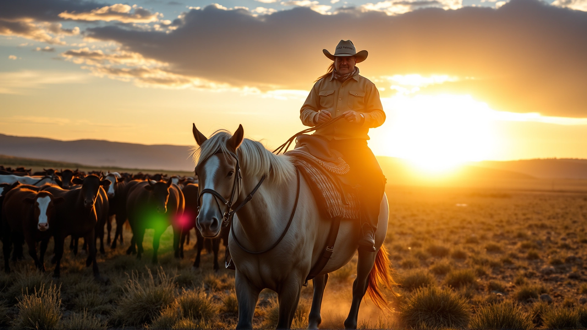 A rider on an American Quarter Horse actively herding cattle on a western ranch at golden hour
