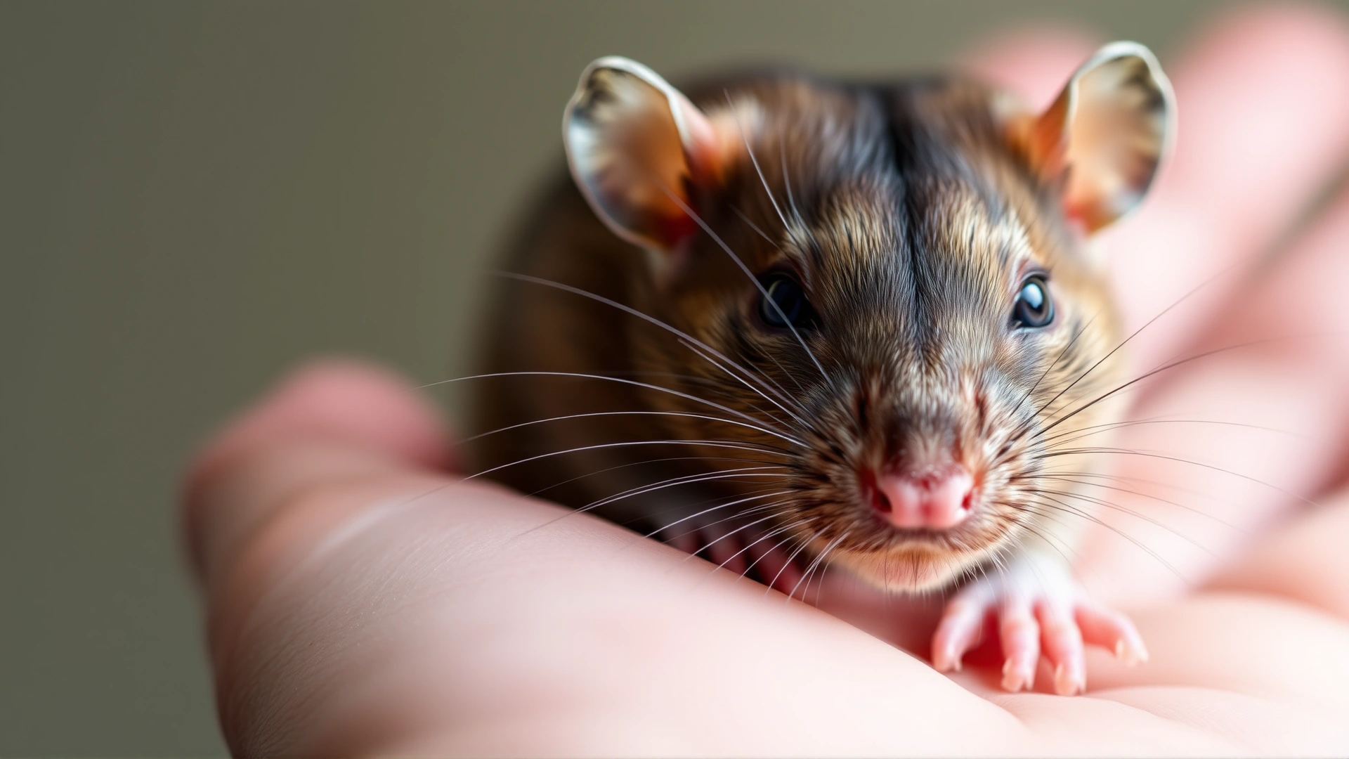 Macro photo of a relaxed pet rat with slightly bulging, vibrating eyes, showcasing the ‘boggling’ behavior while resting on a human hand.