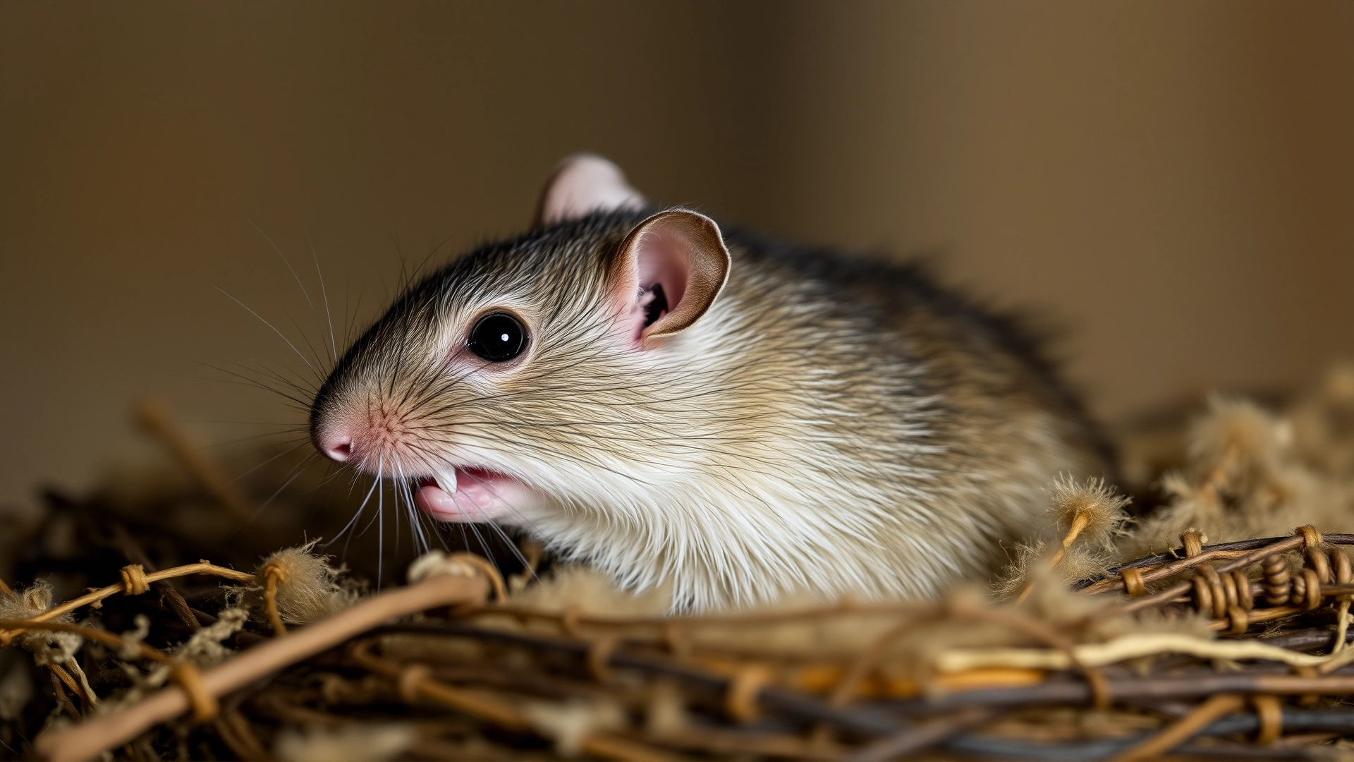 Side profile of a calm rat gently grinding its teeth (bruxing) while sitting in a fluffy nesting material.