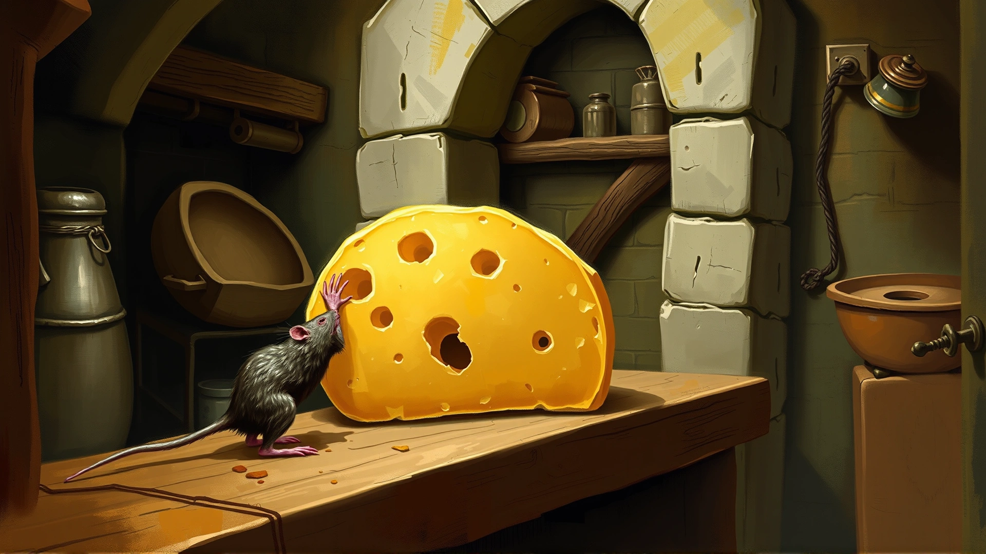 Illustrative image of a medieval kitchen scene with a rat climbing toward a cheese wheel, warm painterly style, no text