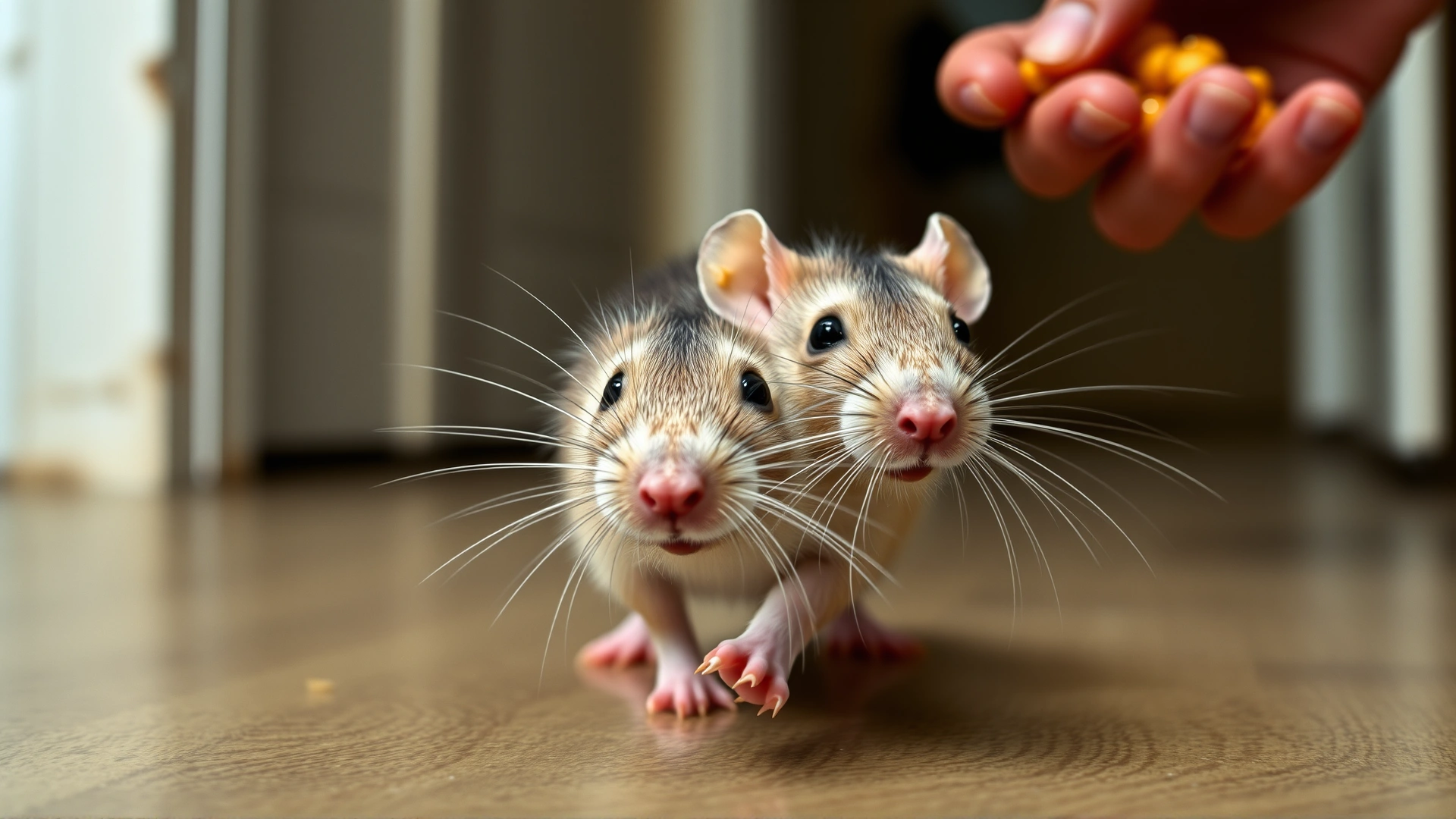 Domestic rat scurrying toward the camera across a short distance, as a hand with treat is visible in the background