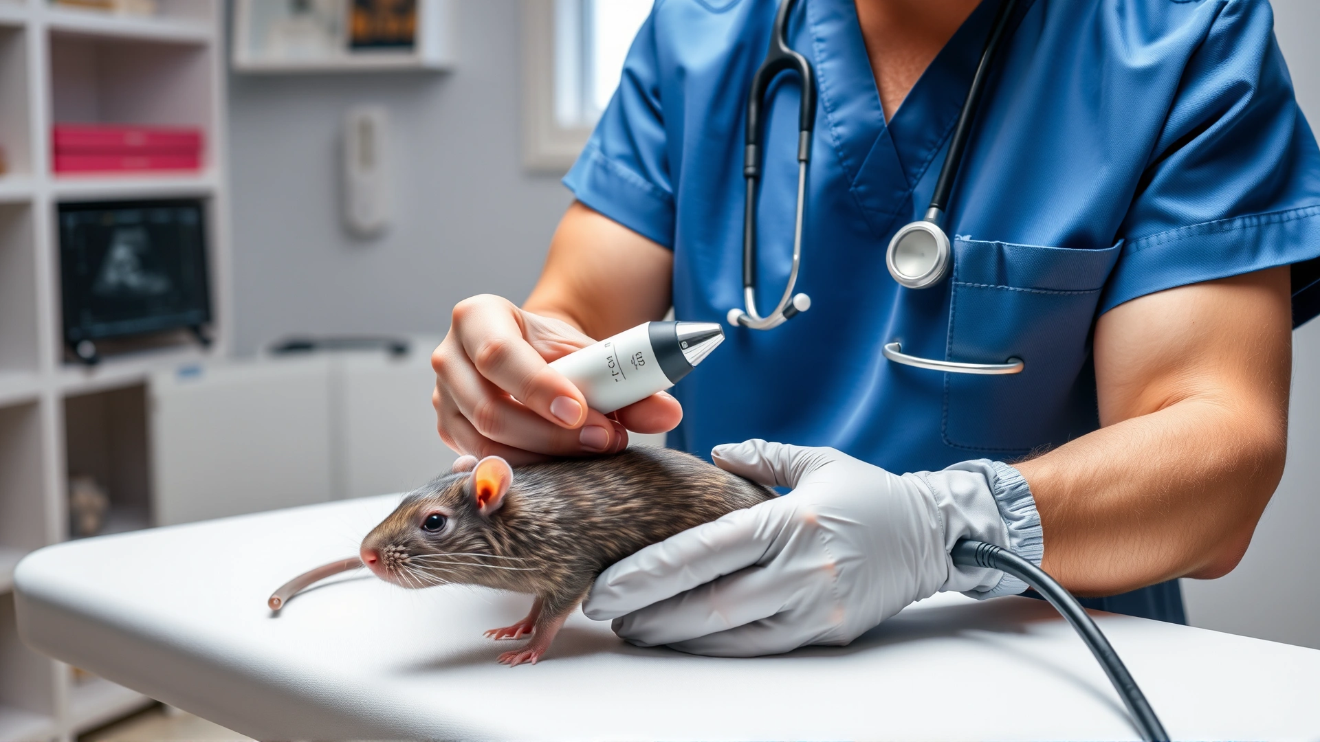 Veterinarian gently examining a pet rat on an exam table, holding an ultrasound probe with a stethoscope visible in a bright clinical room