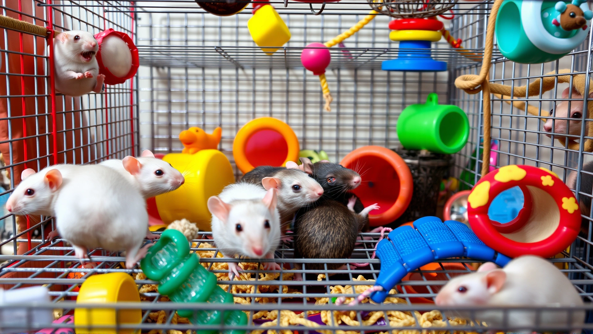 Group of pet rats exploring a spacious wire cage filled with colorful toys, tunnels, and climbing structures.