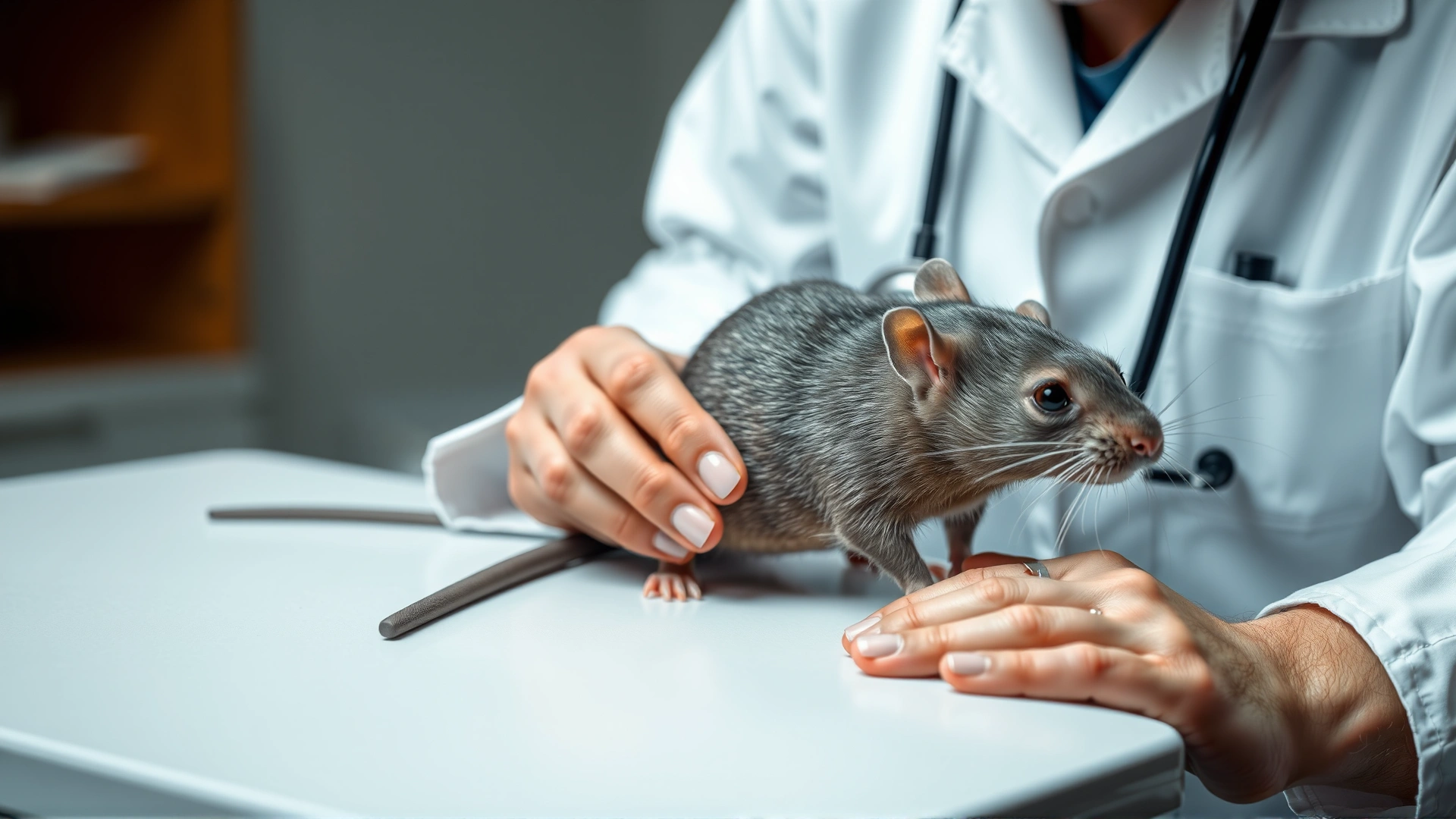 A veterinarian in a white coat gently examining a gray pet rat on a clinic table, using a stethoscope.