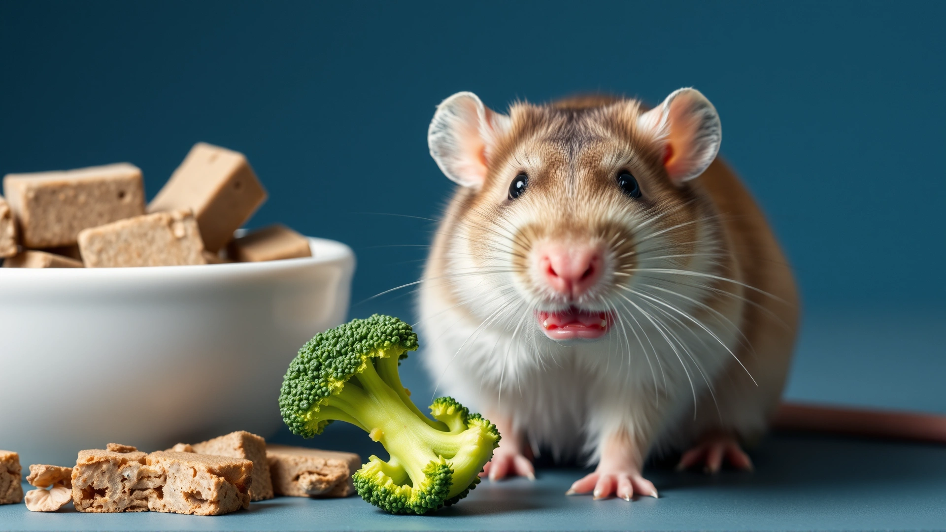 Healthy pet rat eating a piece of broccoli next to a bowl of commercial rodent blocks, showing a balanced diet.
