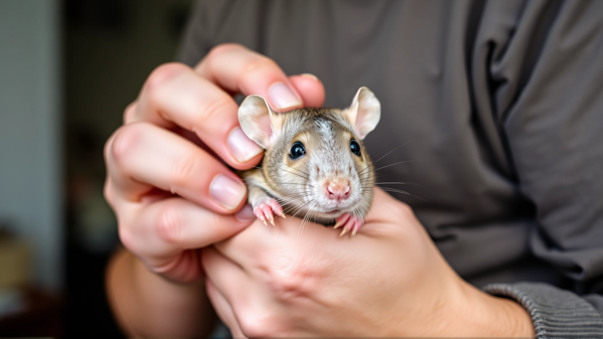 Owner gently holding a calm rat with both hands, demonstrating proper handling technique, blurred home background.