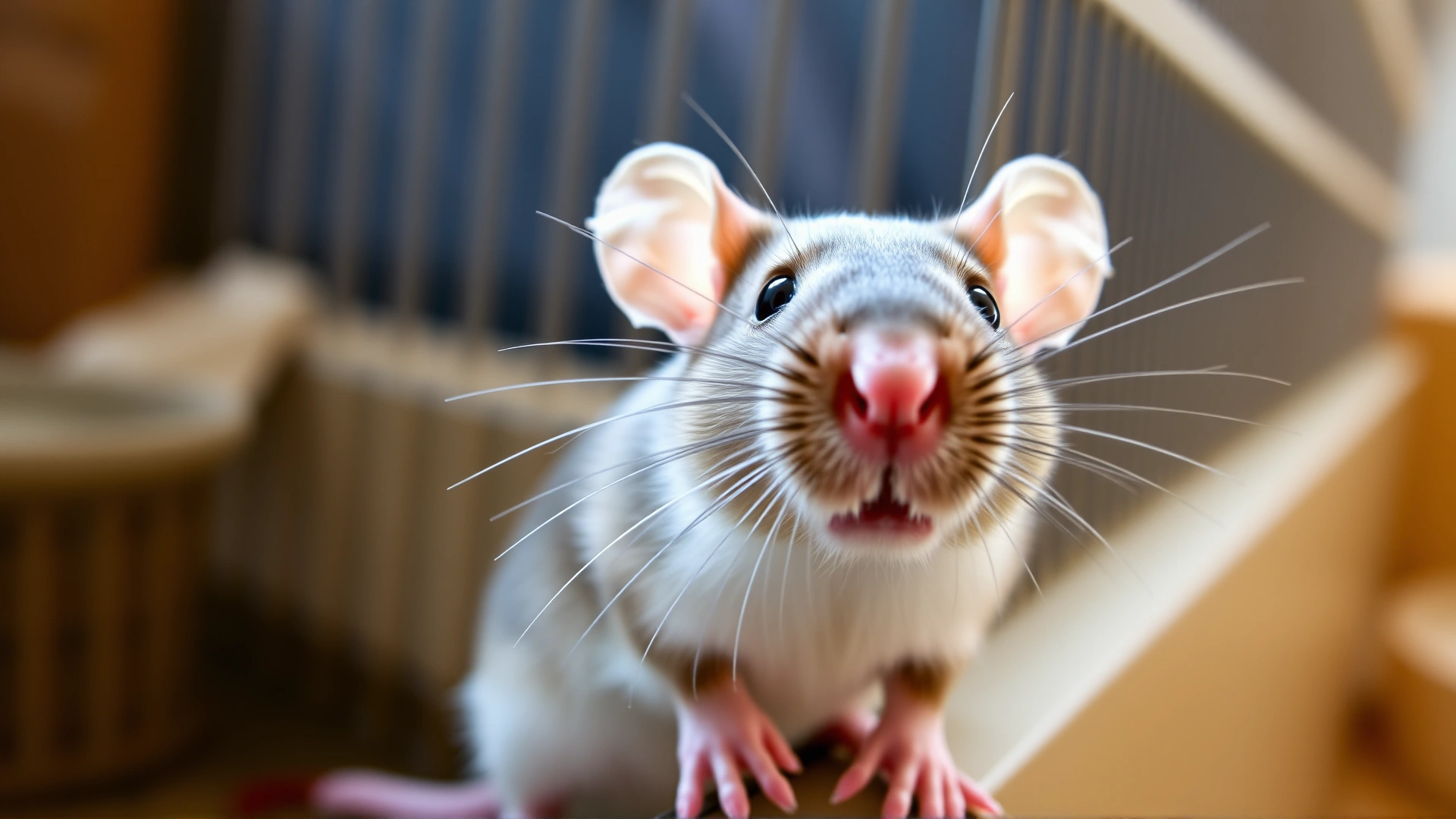Close-up, wide-angle shot of a curious pet rat standing on the edge of its cage, whiskers forward and ears alert, with soft natural lighting.