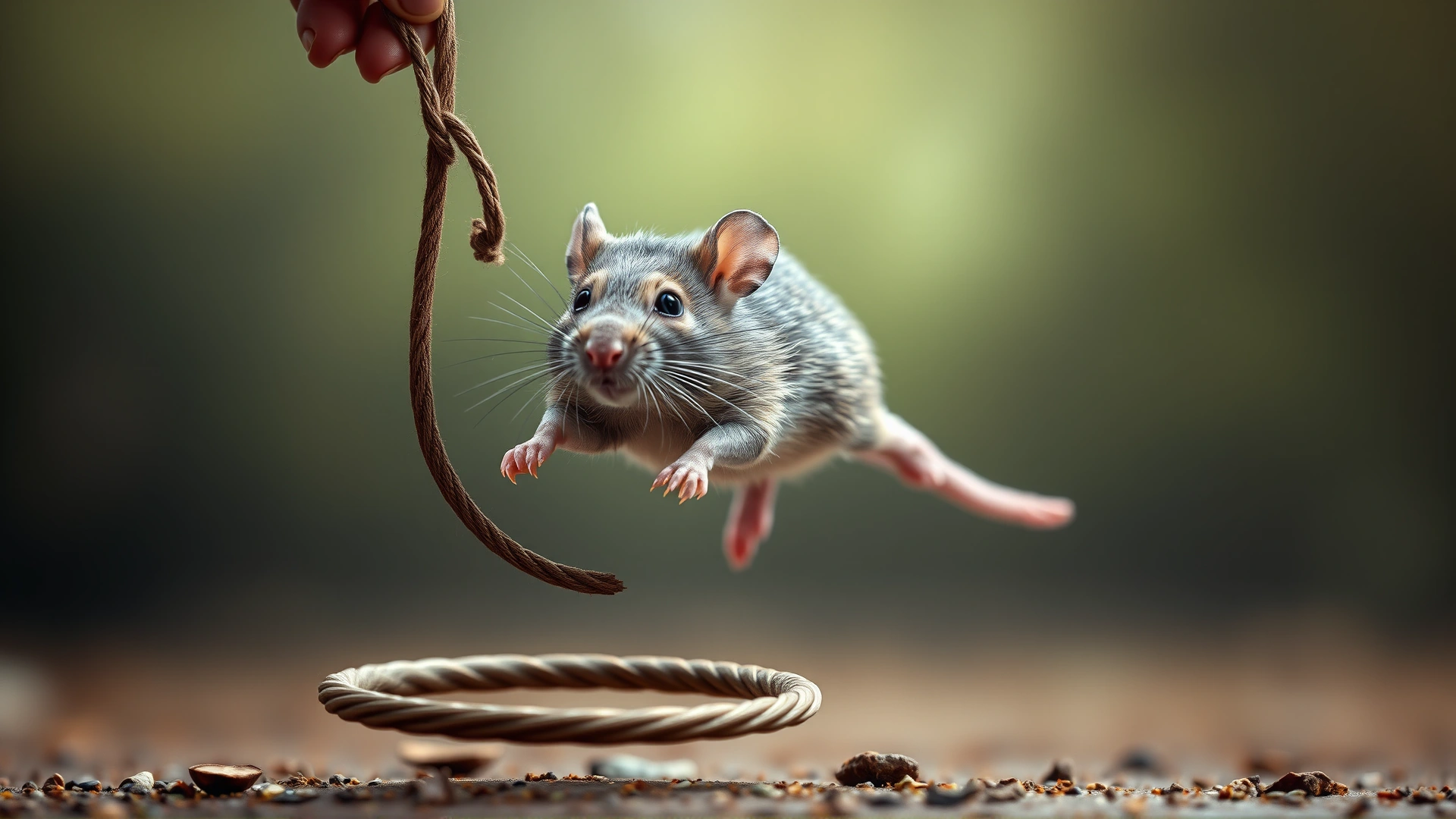Rat jumping through a small hoop held slightly above the ground, with a soft focus background