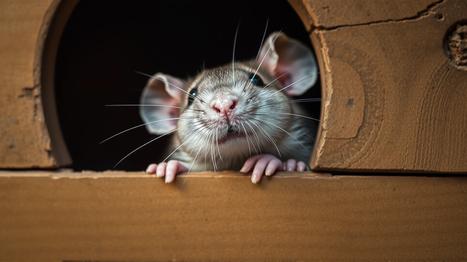 Domesticated rat peeking out of a wooden hideaway, illustrating the curiosity of pet rats.