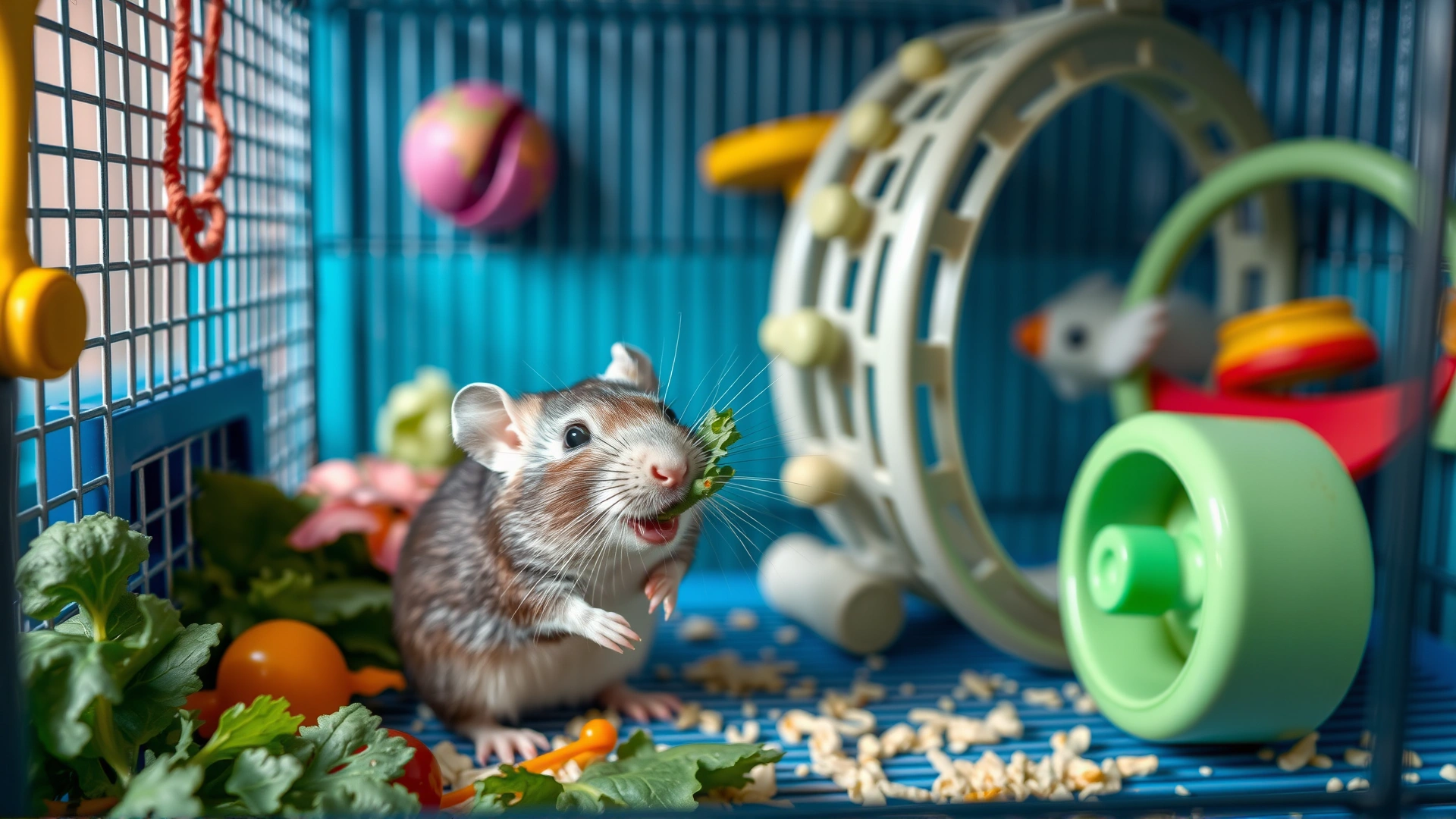 Happy healthy pet rat eating fresh leafy vegetables in a spacious, clean cage with toys and a running wheel