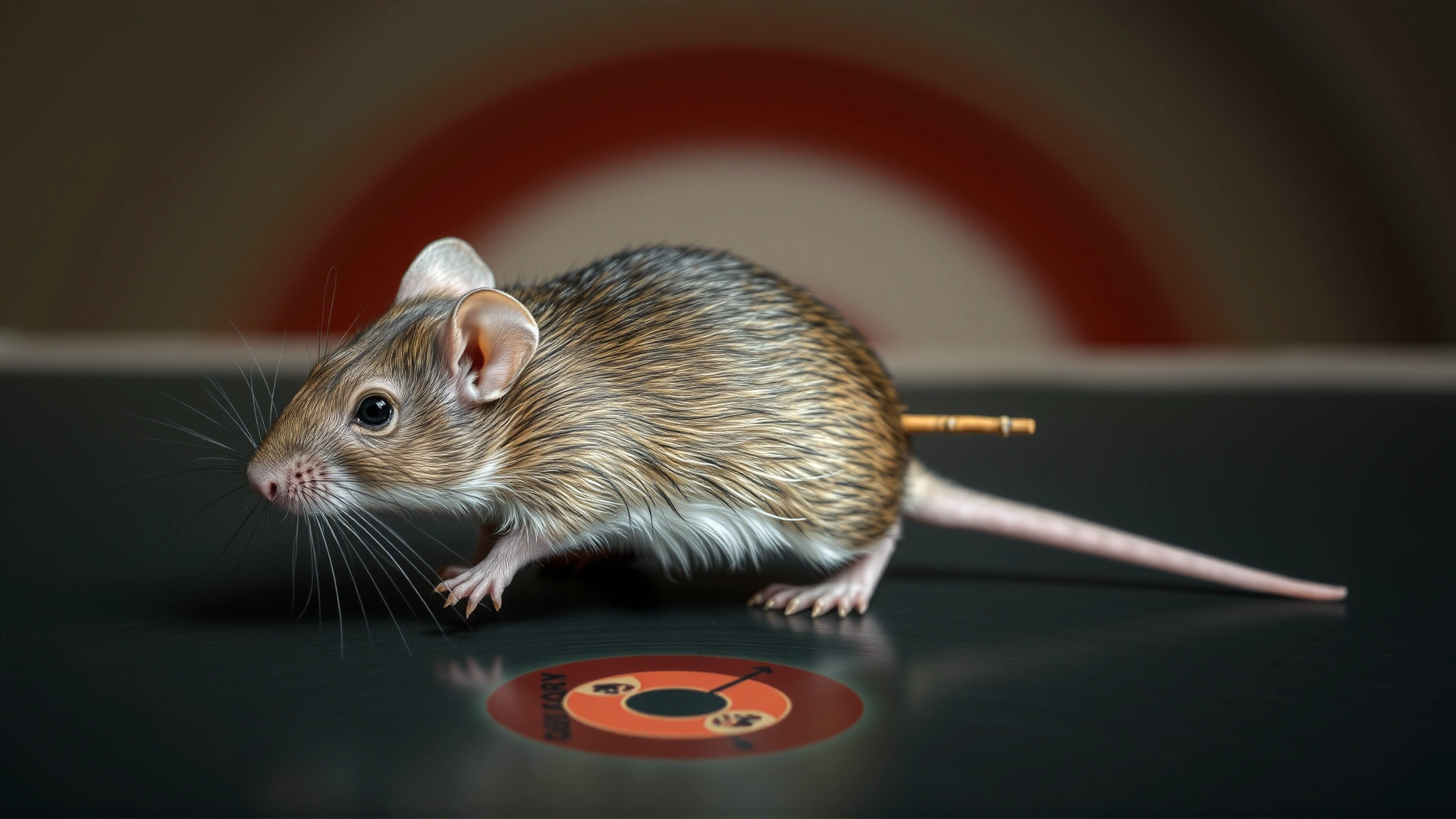 Rat following a target stick in a circular motion on a table; motion blur suggests spinning action