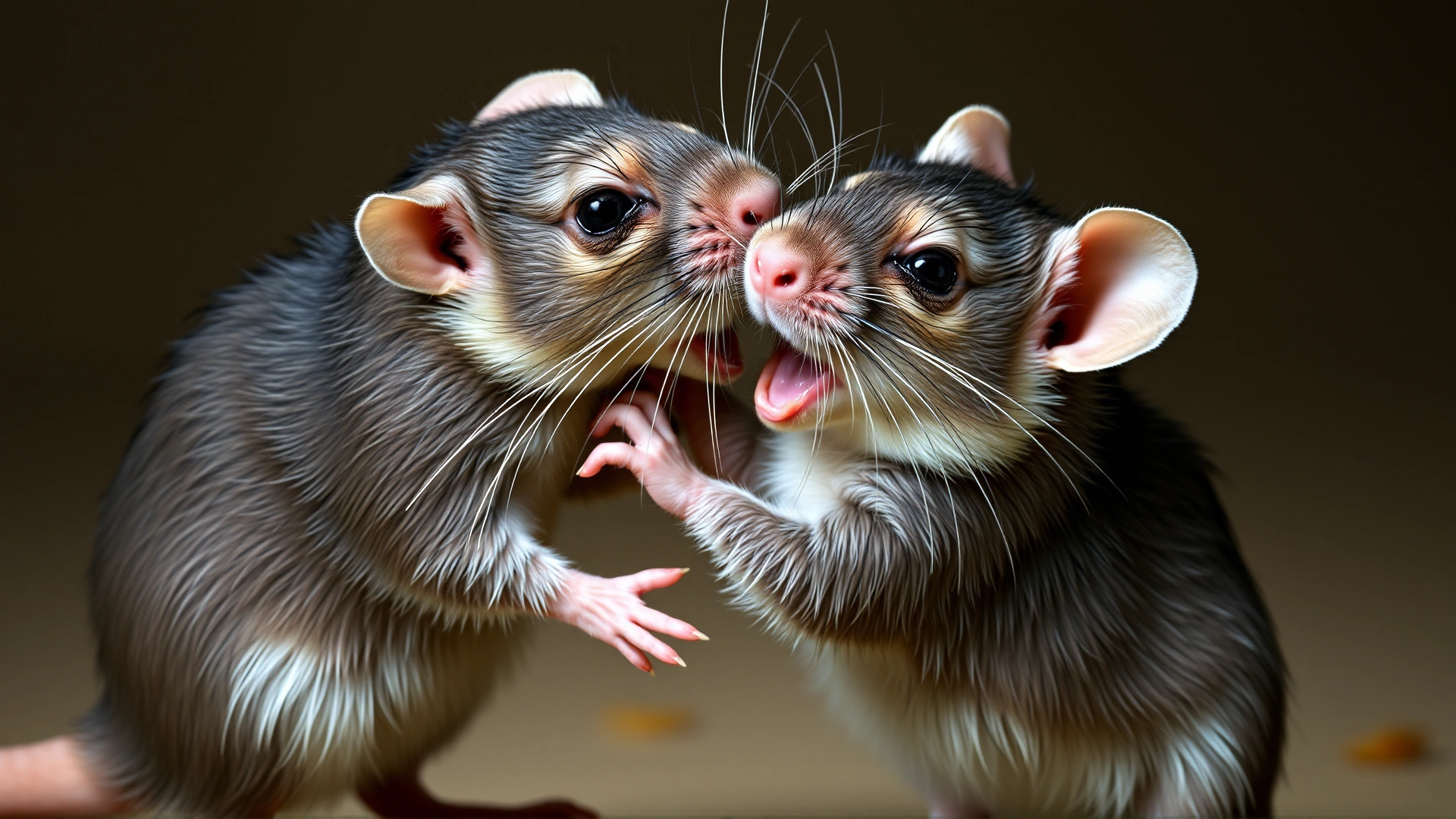 Action shot of two young rats play-wrestling; one rat has its mouth slightly open as if squeaking, illustrating vocal interaction.