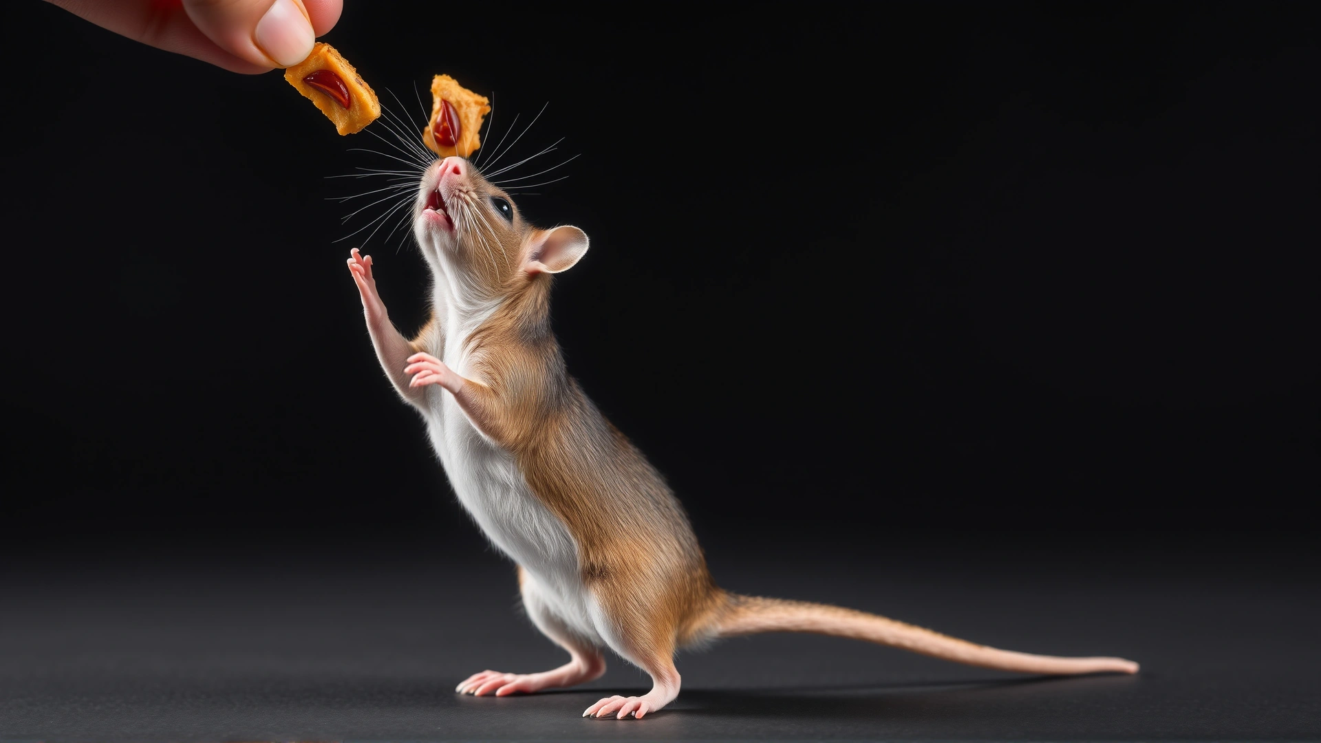 Pet rat standing upright on hind legs reaching for a treat held just above its head