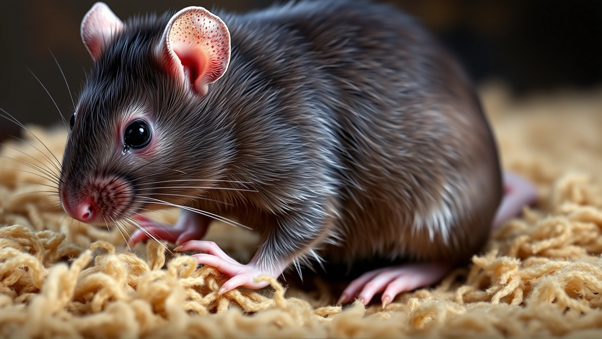 Domestic rat sitting hunched over on soft bedding, looking uncomfortable, with slight redness around the urinary opening