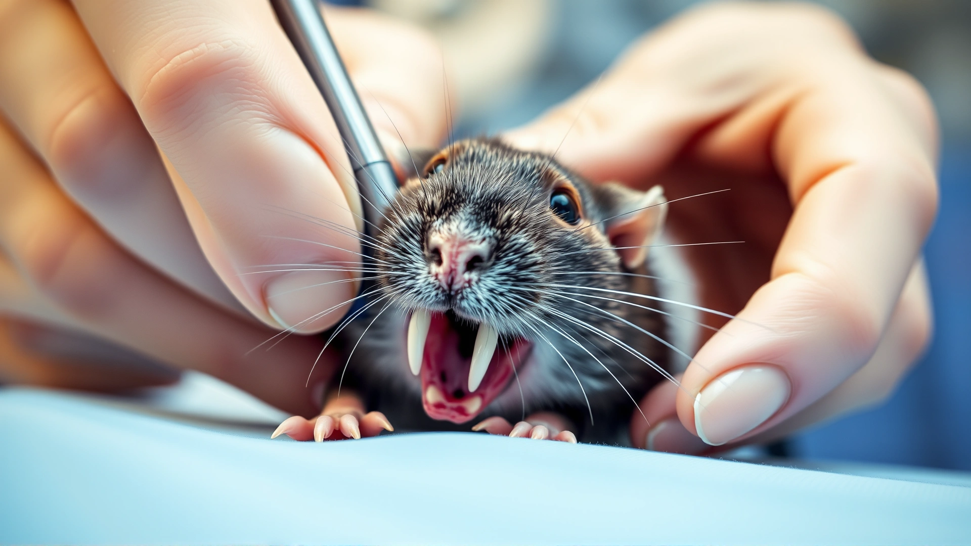 Macro shot of a veterinarian gently opening a rat’s mouth to display its incisors, focus on teeth, clinical background softly blurred