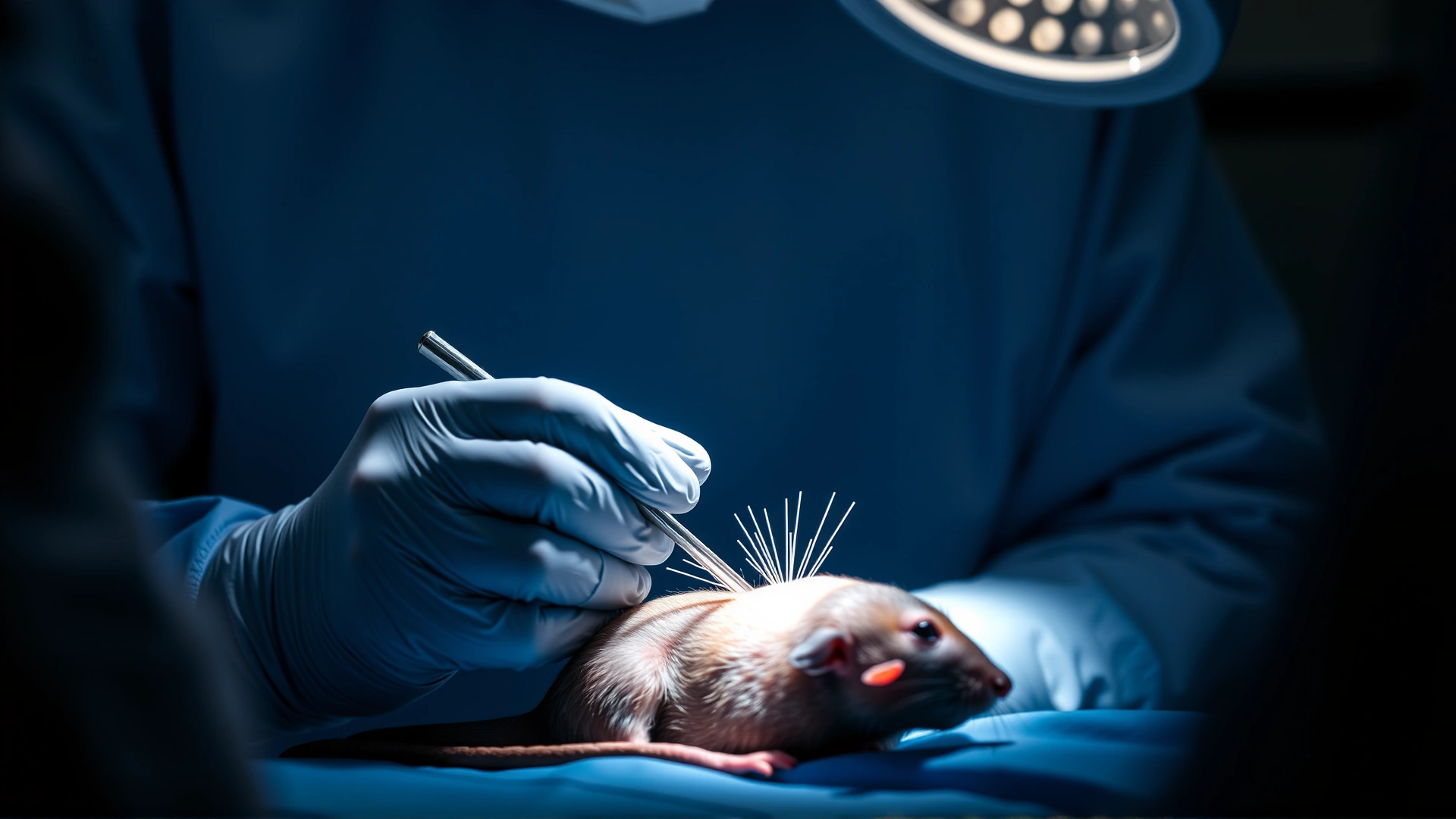 Small-animal surgeon wearing gloves performing a delicate bladder surgery on an anesthetized rat under sterile lights