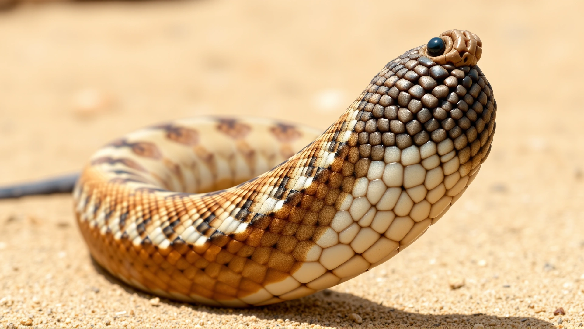 Isolated photo of a western diamondback rattlesnake tail with raised rattle against a desert sand backdrop.