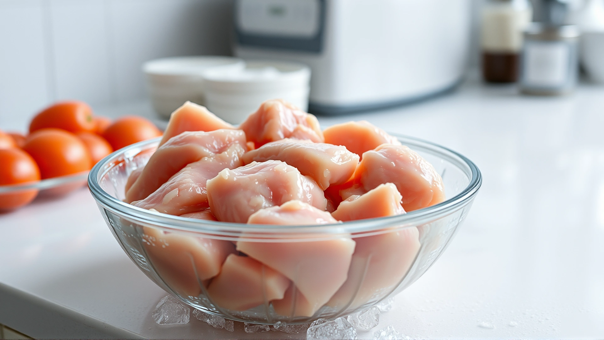 Bowl containing raw chicken pieces on a clean kitchen counter, with visible ice crystals, shot at eye level, no humans