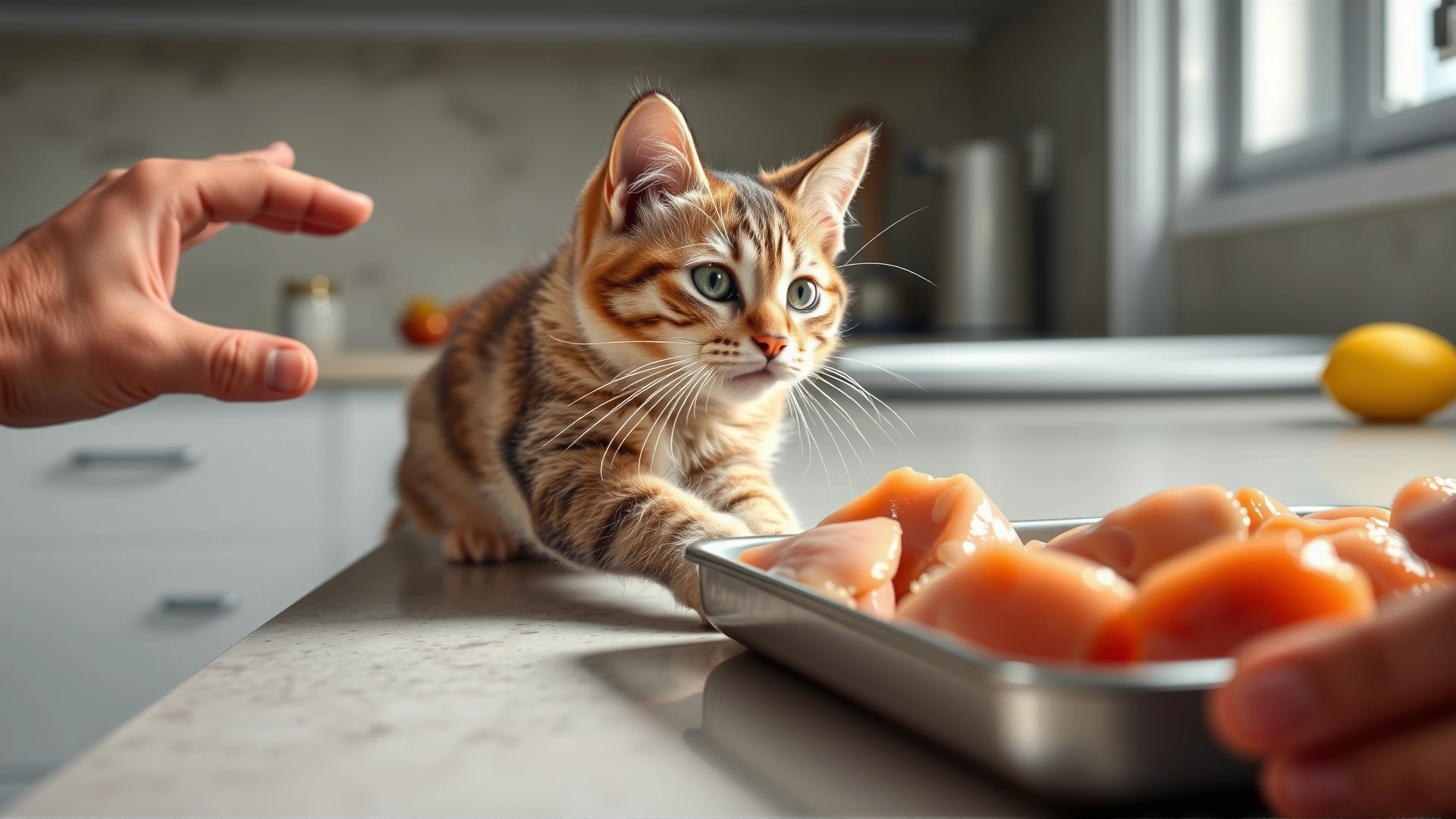 Curious cat stretching toward a tray of raw chicken pieces on a kitchen counter, human hand gently stopping the cat, emphasizing caution, bright lighting, no text