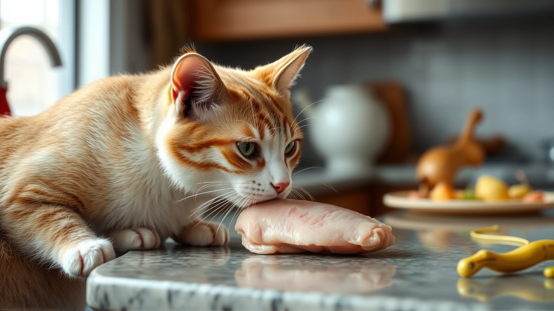 A curious cat sniffing a raw chicken breast placed on a kitchen countertop, illustrating the risk of raw diets. Soft daylight, no human hands, no text.