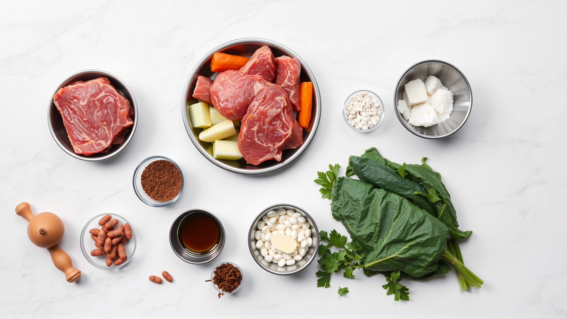 Flat-lay of raw meat, vegetables, and supplements arranged in stainless bowls for a dog raw diet on a white marble countertop.