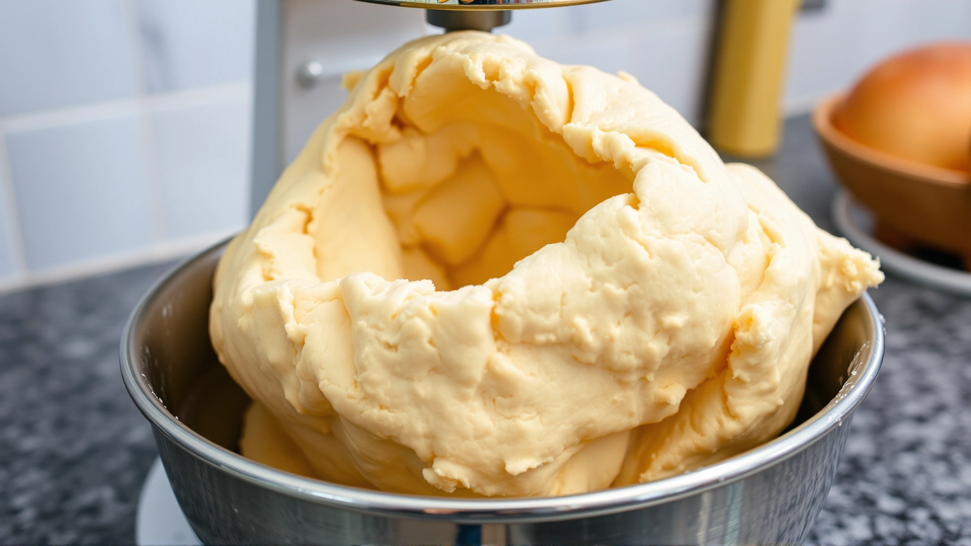 Close-up of raw bread dough expanding in a metal mixing bowl on a kitchen counter, illustrating the potential hazard for pets.