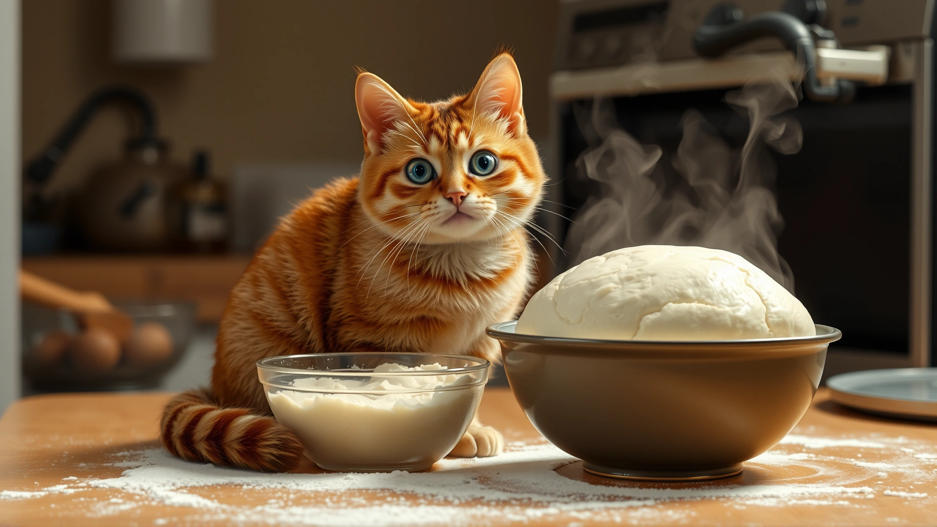 Cat sitting next to a bowl of rising bread dough on a floured kitchen surface, steam coming from nearby oven, playful yet cautionary feel