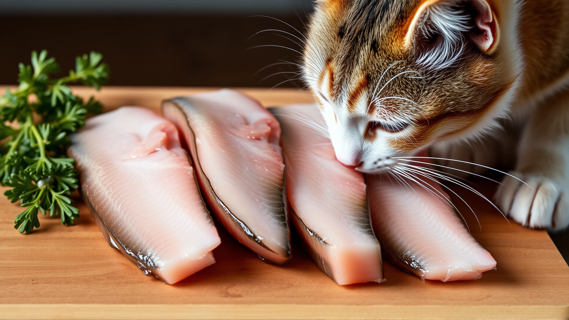 Close-up of raw fish fillets on a wooden cutting board next to a curious cat sniffing them, illustrating dietary risk. No text.