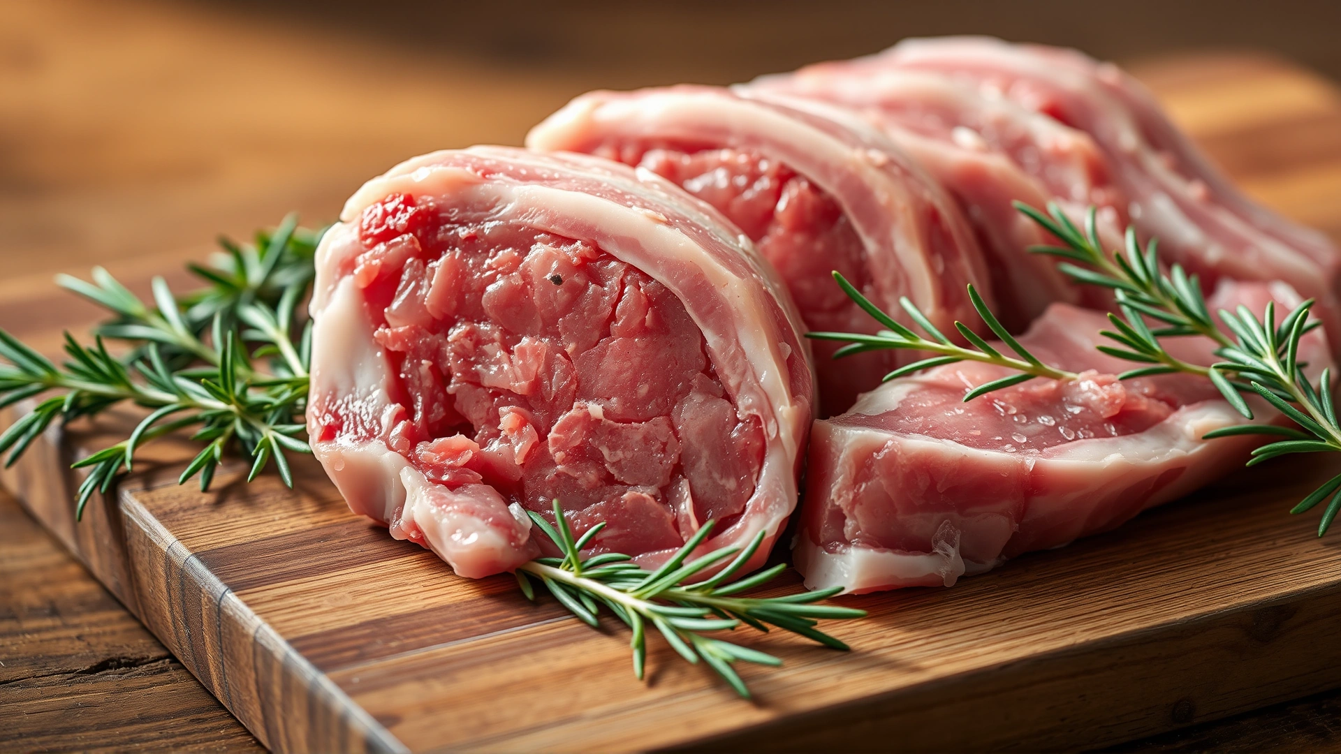 Close-up of fresh raw lamb cuts on a wooden cutting board with rosemary sprigs and natural daylight