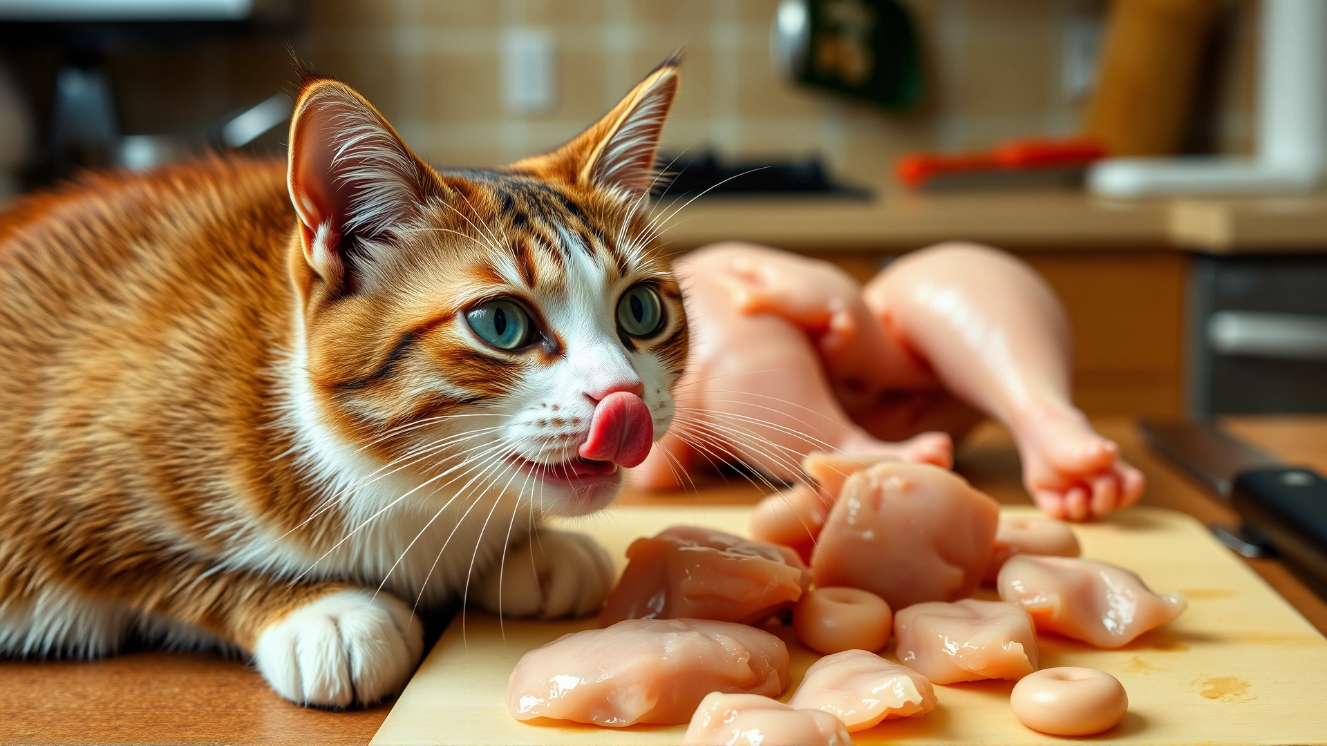 Cat licking its lips in front of raw chicken pieces laid out on a cutting board in a kitchen setting.