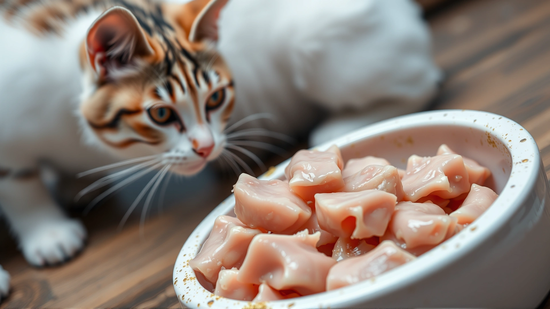 Close-up of raw chicken pieces in a food bowl next to a cat looking at it, illustrating risk of feeding uncooked meat.