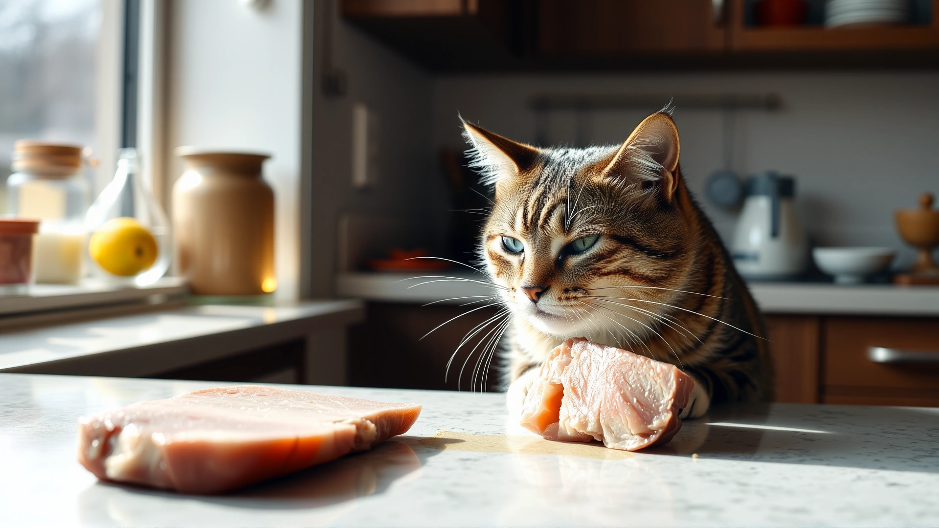 Cat sniffing a piece of raw pork on a kitchen counter while the owner is distracted, bright natural lighting