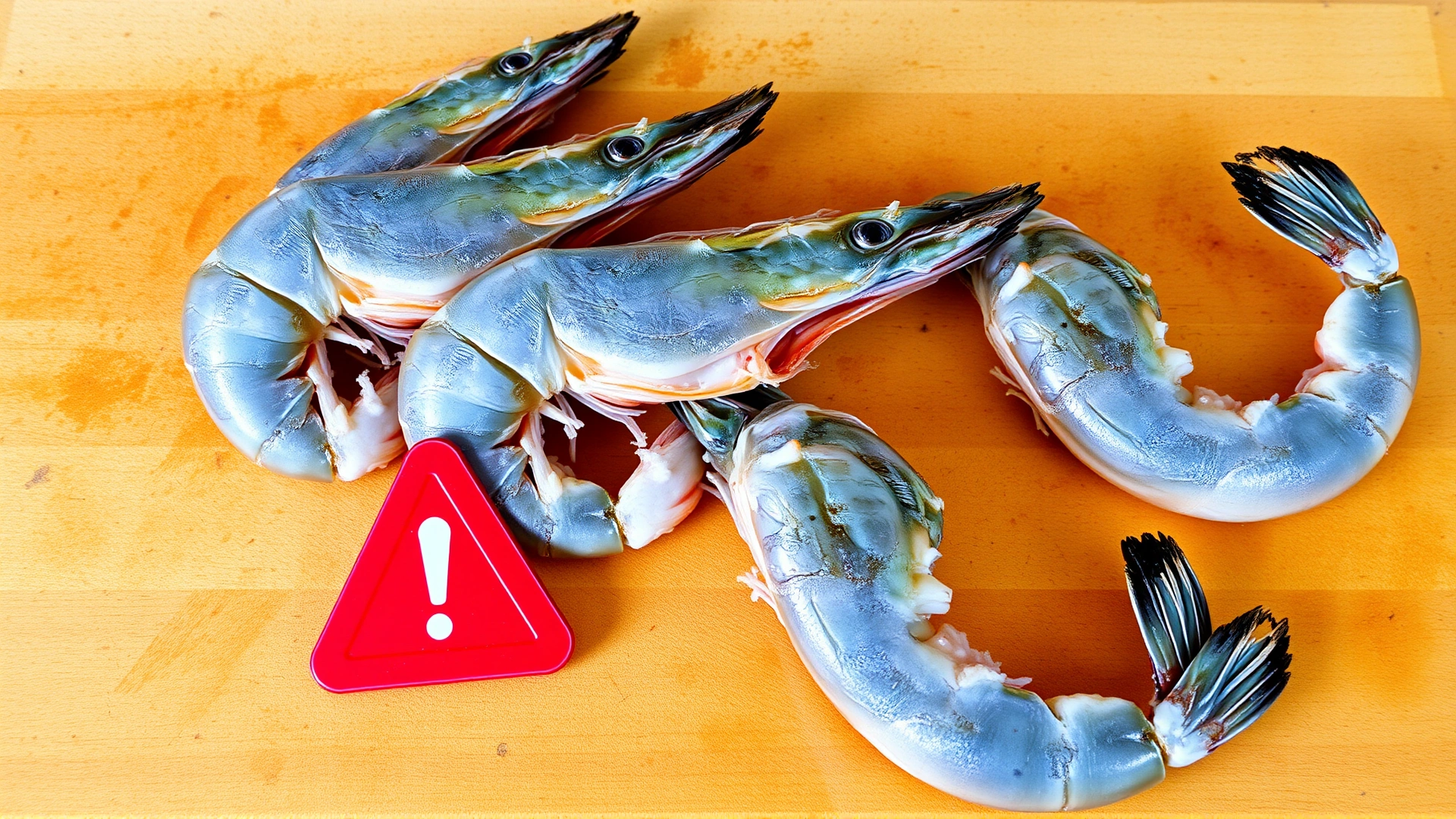 Raw, gray shrimp on a wooden cutting board with a red warning sign icon beside them, emphasizing food safety (no text on image).