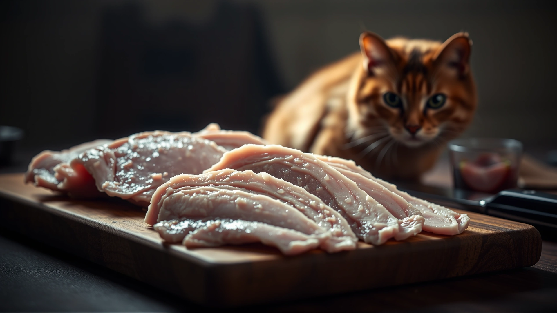 Raw turkey pieces on a wooden cutting board with a blurred cat in the background, moody lighting to emphasize caution