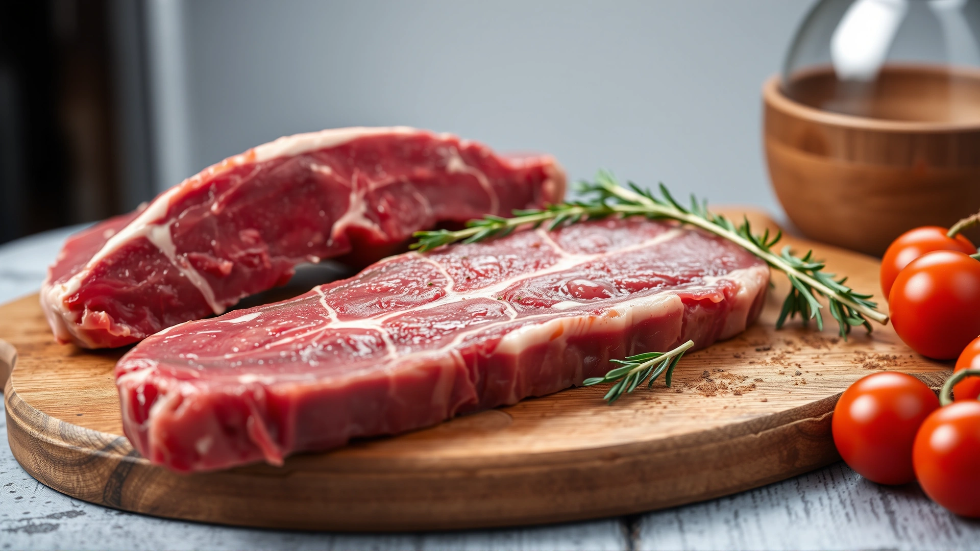 Close-up of raw venison steaks on a wooden cutting board with herbs, no text