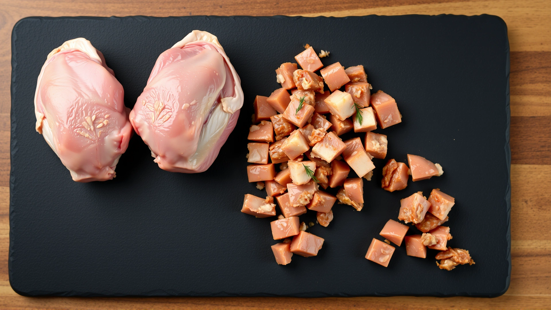 Side-by-side top view comparison: raw duck thighs on the left and diced cooked duck meat on the right placed on a dark slate board