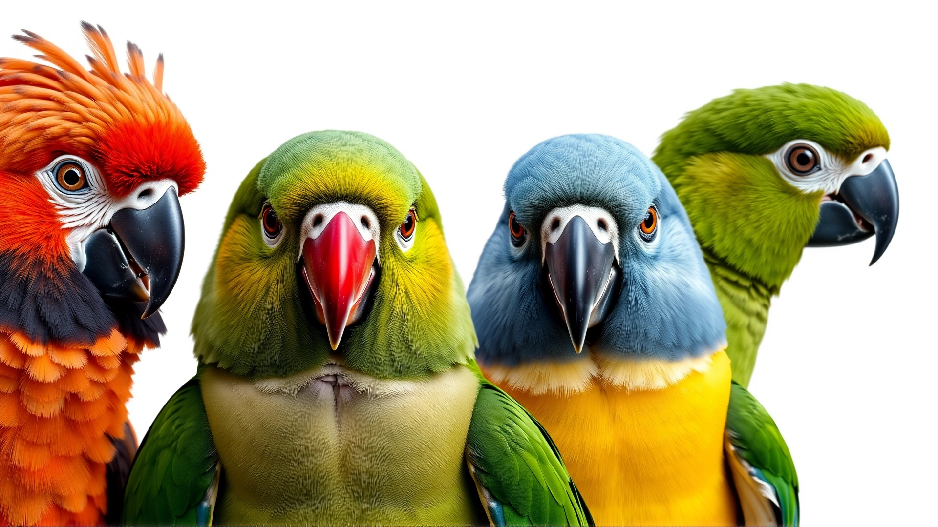 Close-up portraits of different parrots displaying varied body language cues such as fluffed feathers, pinned pupils and relaxed stance, no text, white background.