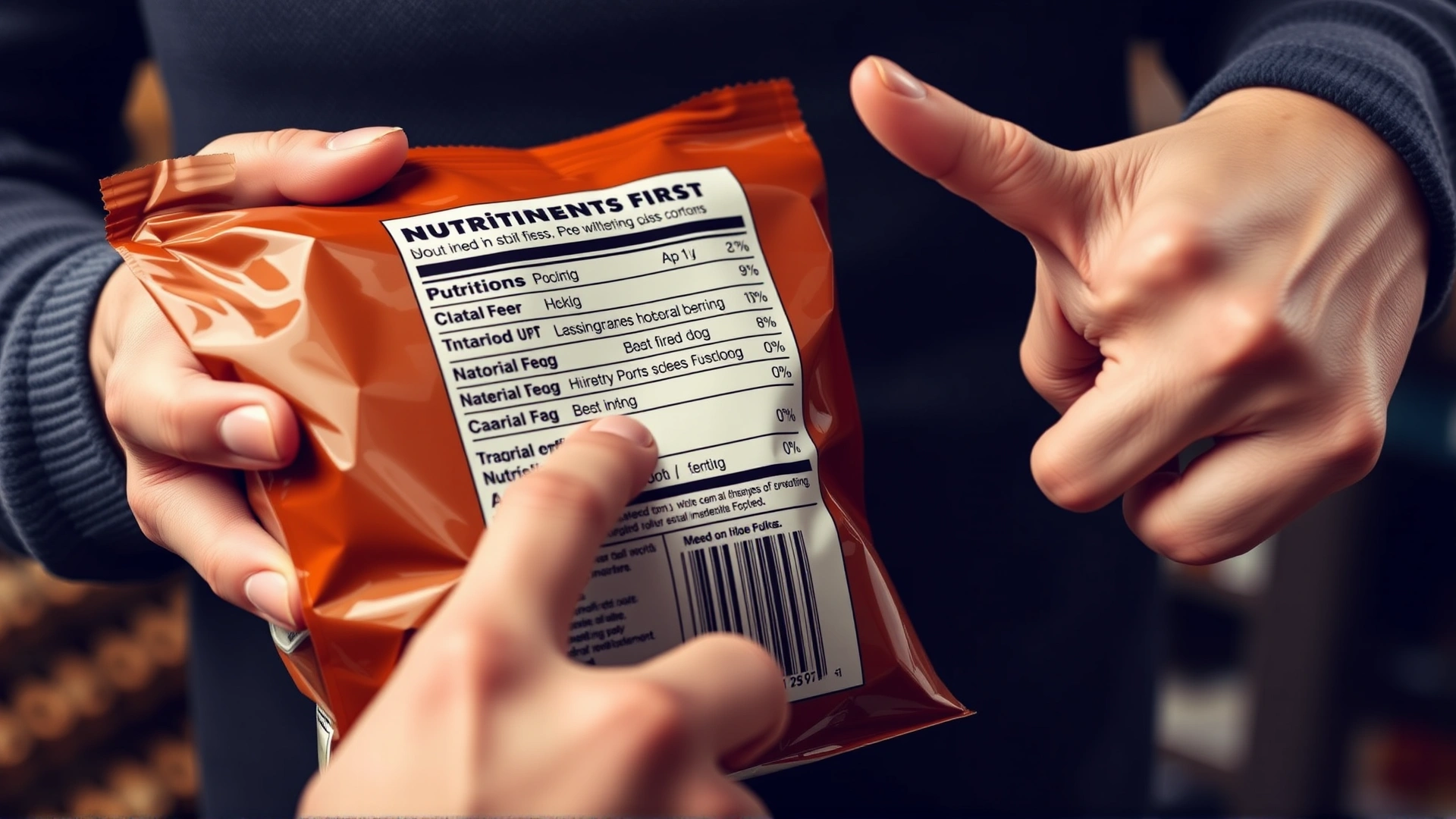 Close-up of a person’s hands holding a dog food bag and pointing at the nutritional label, emphasizing the ingredients list.