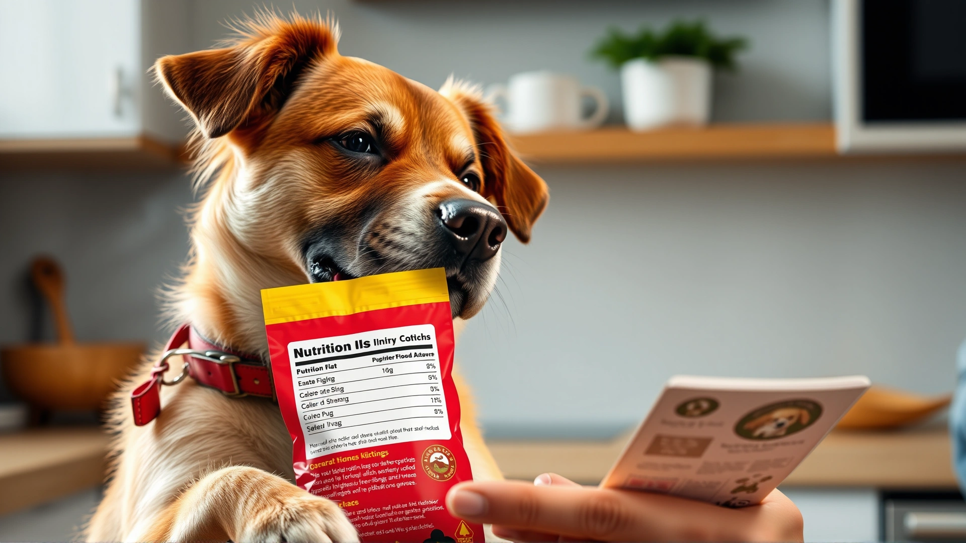 Dog owner holding a bag of kibble and carefully reading the nutritional label, kitchen background