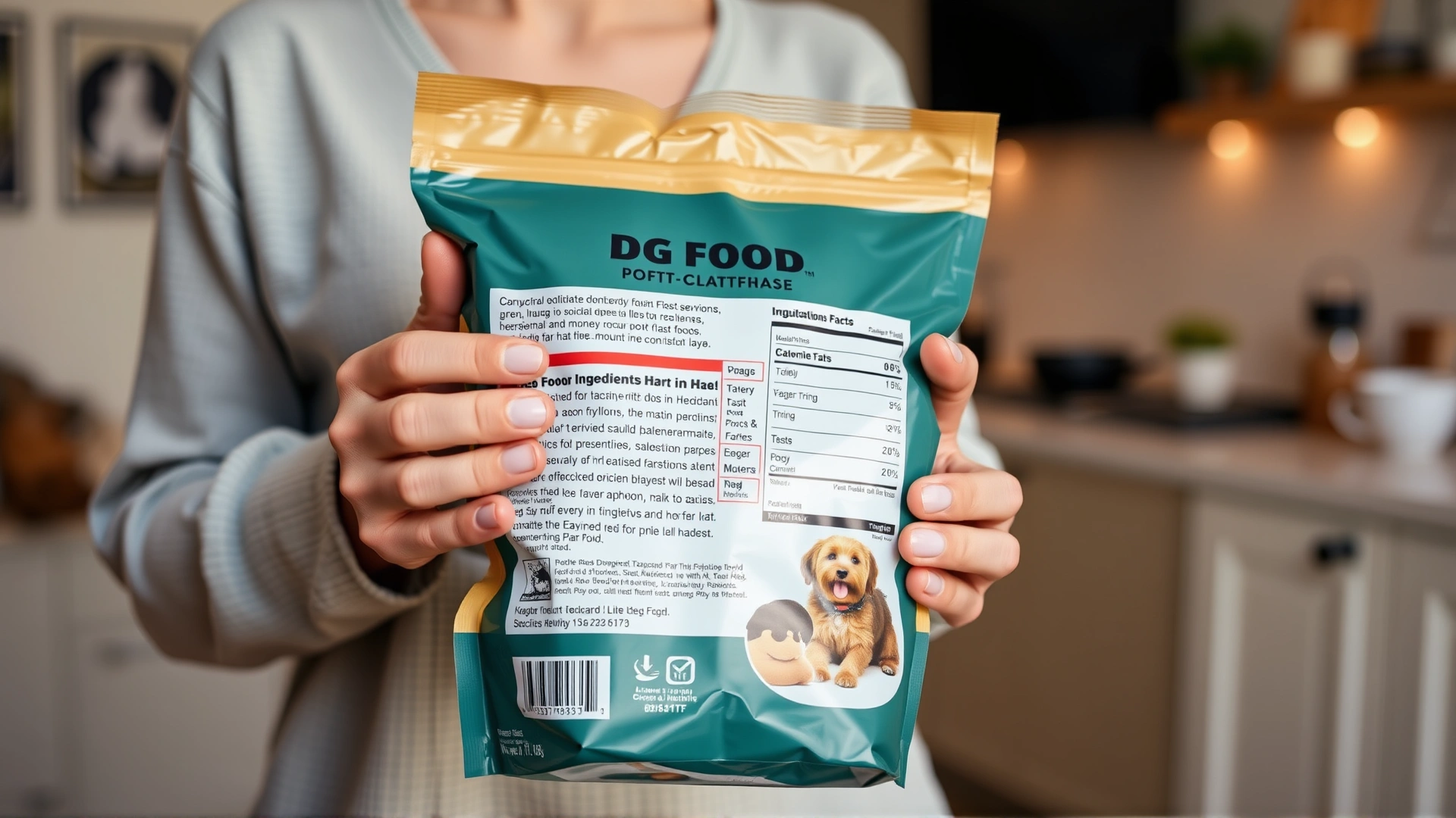 A person holding a bag of dog food and pointing at the ingredient list, focus on the label with a blurred home background