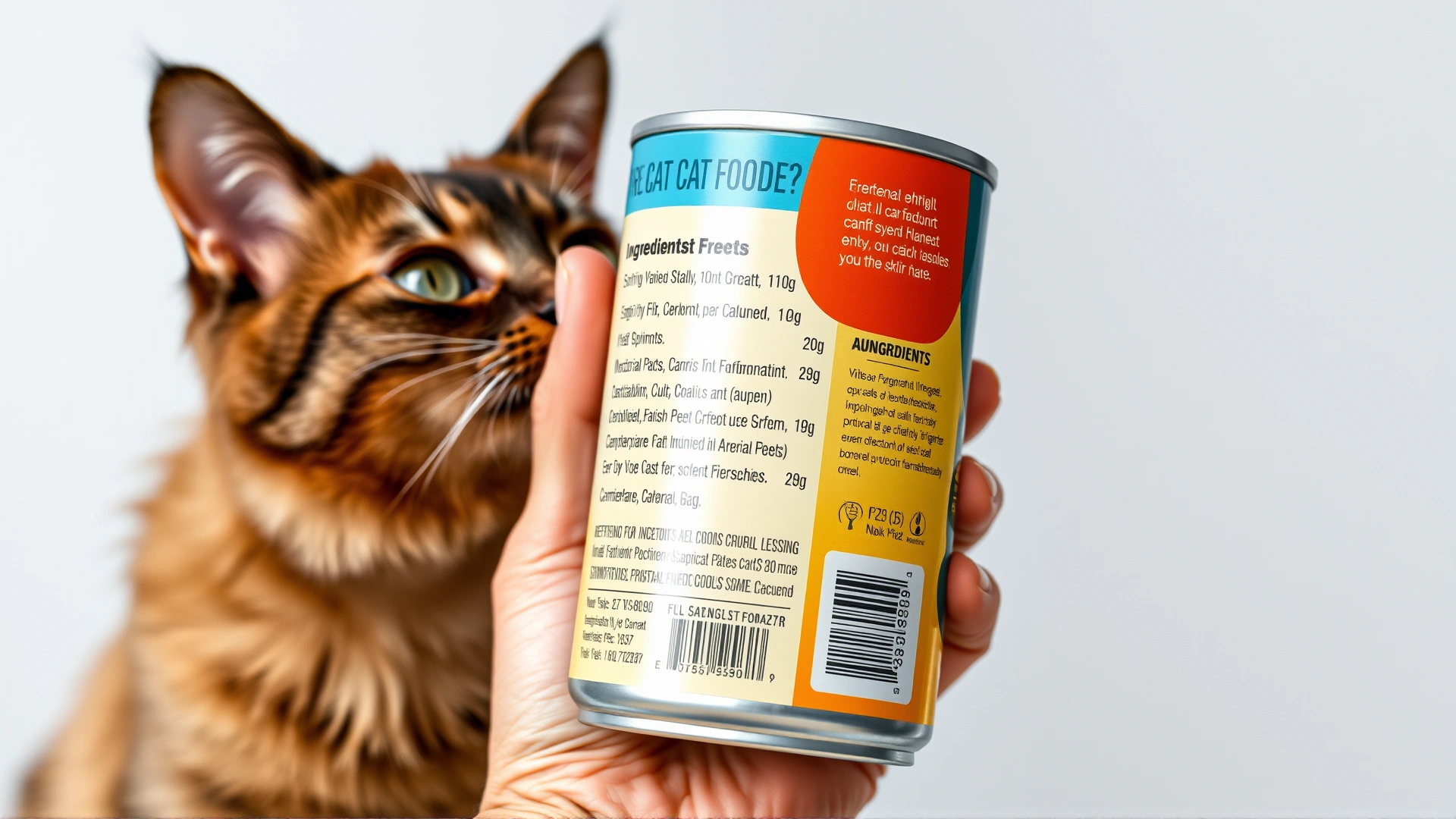Human hand holding a can of cat food, clearly focusing on the ingredients list while a curious cat sniffs the can, neutral background, no text.