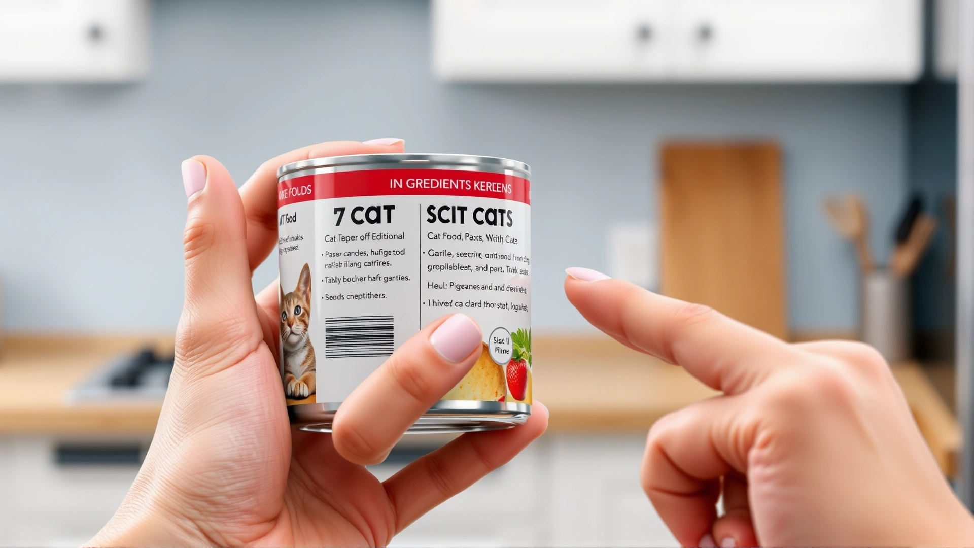 Hand holding a can of cat food while another finger points at the ingredient list, blurred kitchen background