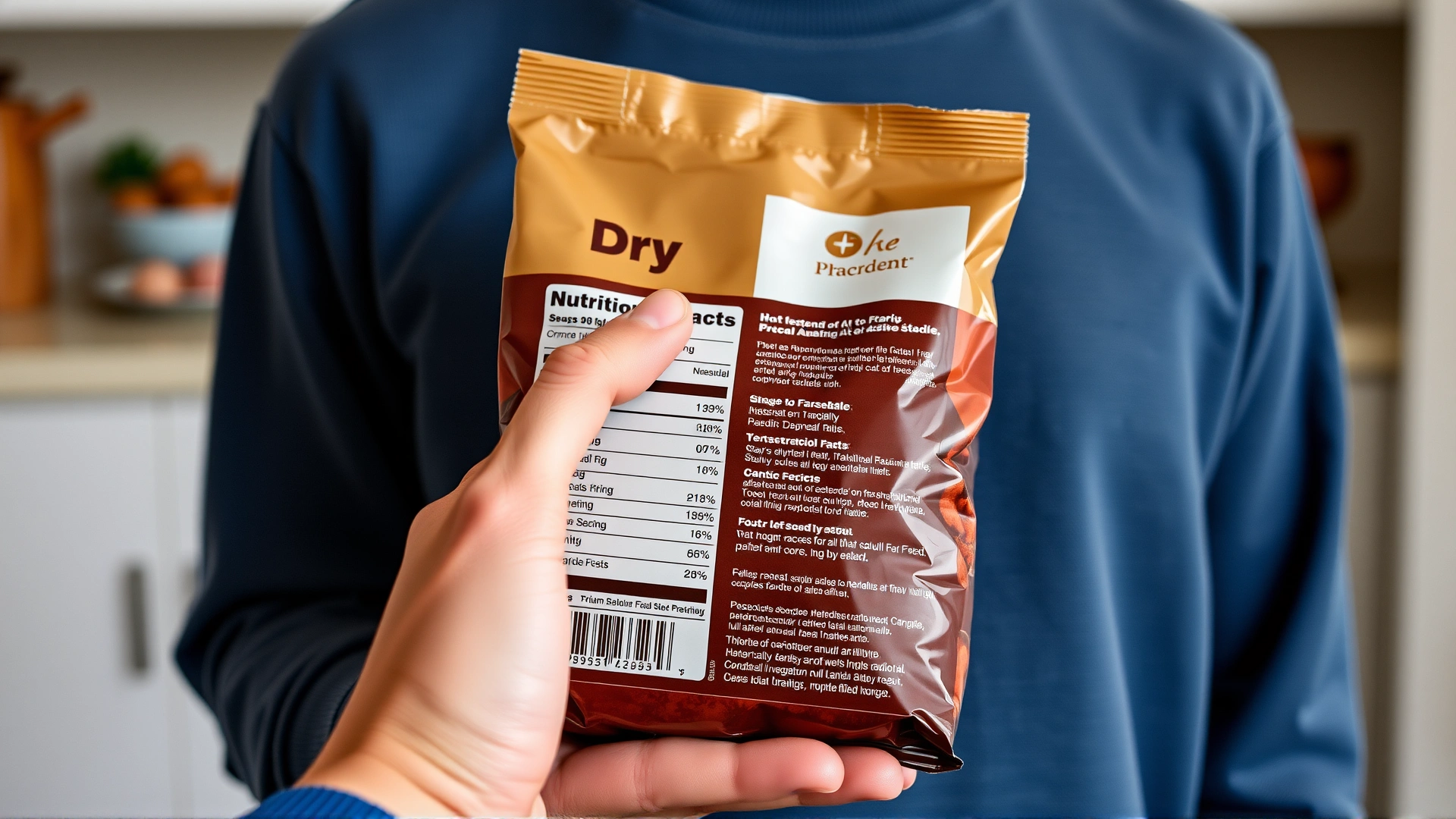 A person holding a bag of dry cat food, highlighting the nutrition label with their finger