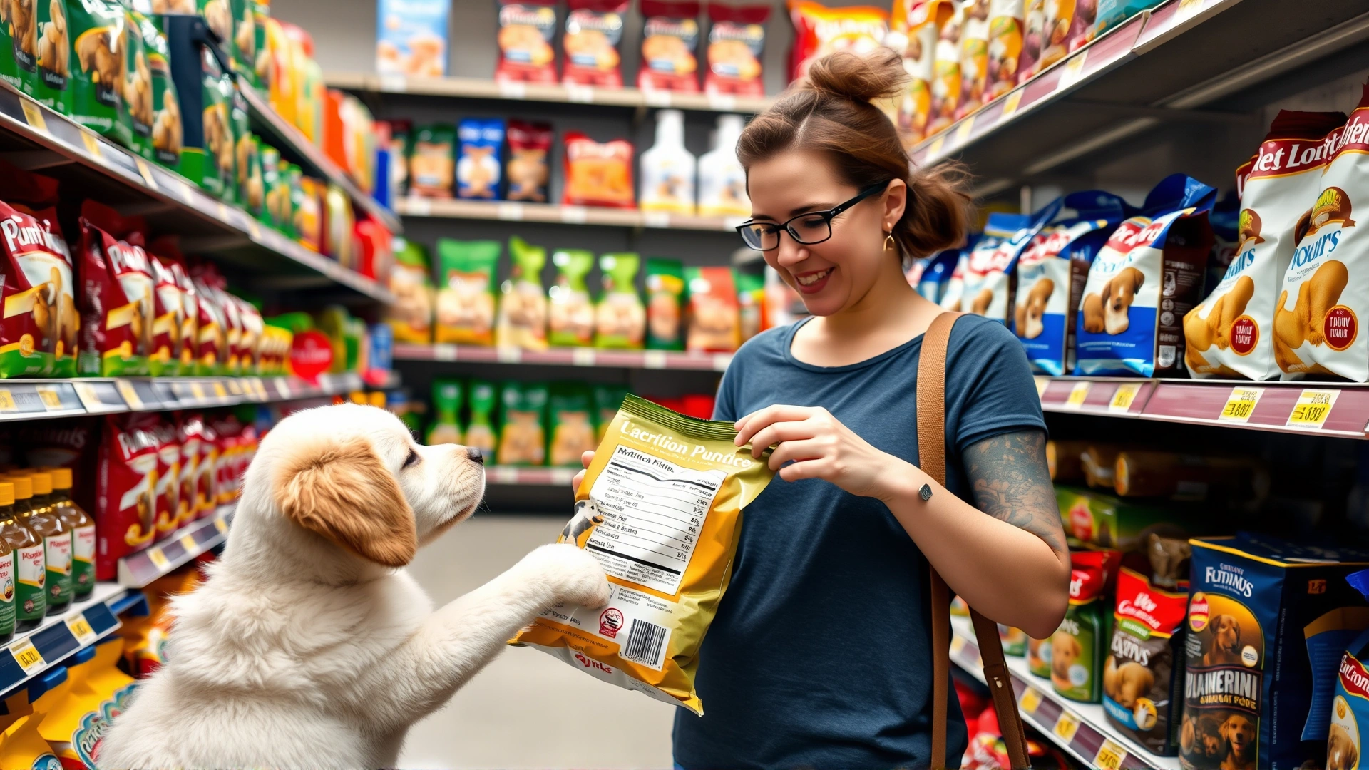 Pet owner holding a bag of puppy food and reading the nutrition label inside a pet store aisle, shelves of various dog food brands in background