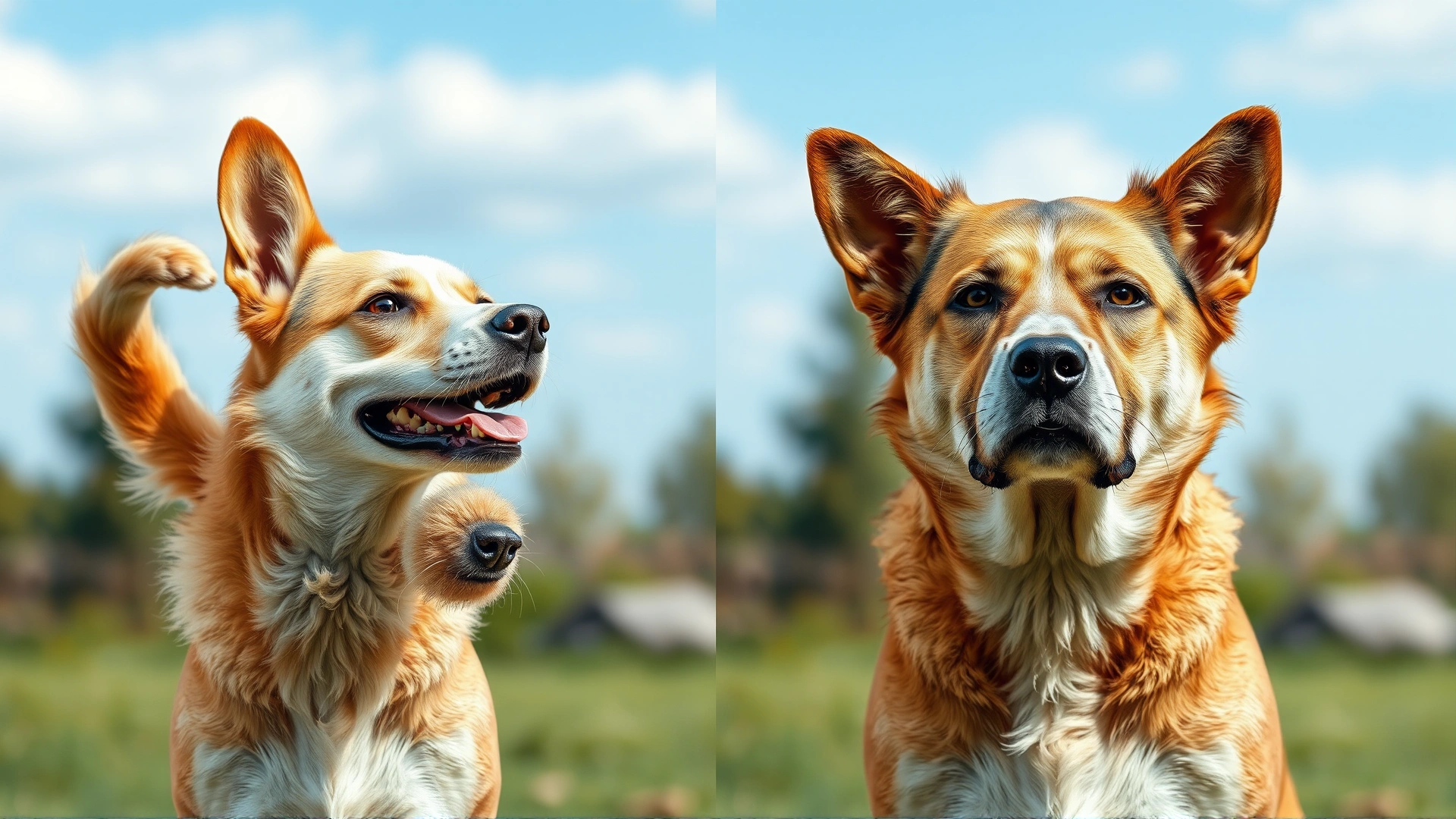 Split scene showing two dogs: one with loose body and wagging tail (positive sign) and another with stiff posture and raised hackles (warning sign), outdoor setting