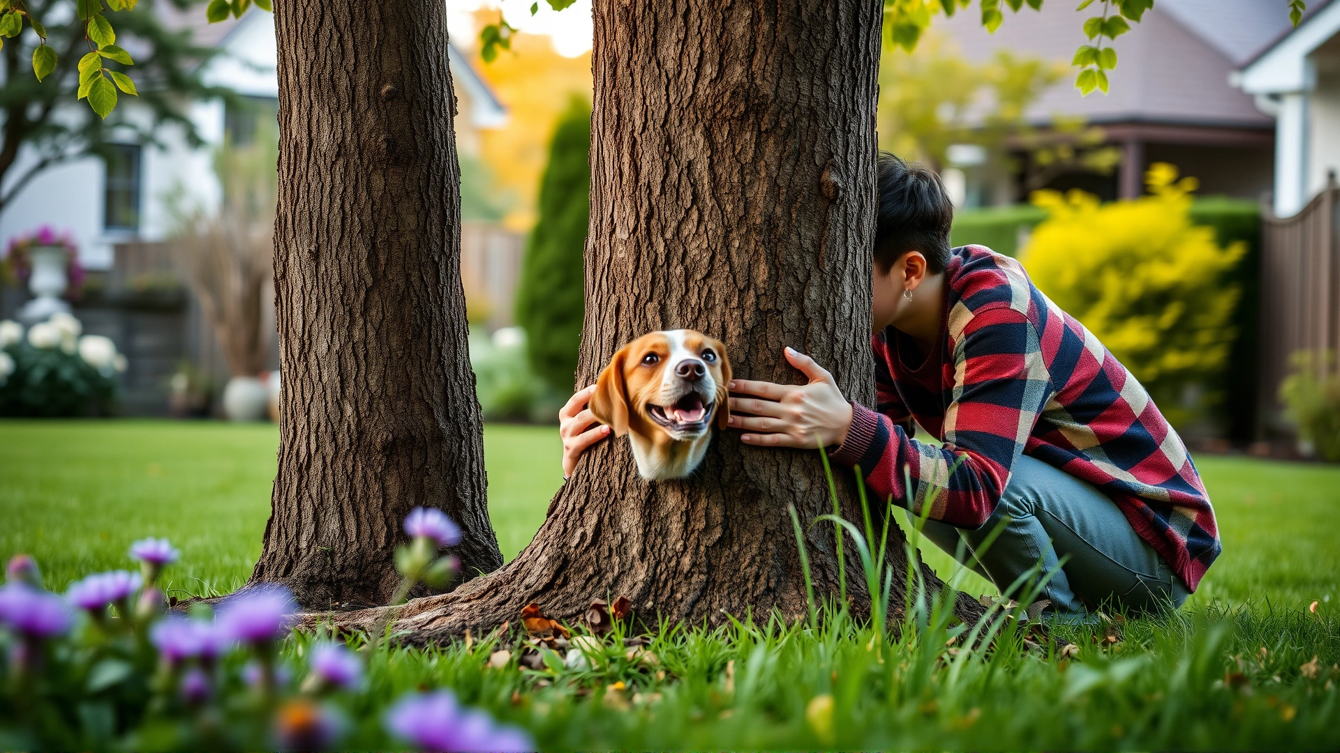 Two family members playing hide-and-seek recall game with their dog behind a tree in a suburban garden, playful atmosphere