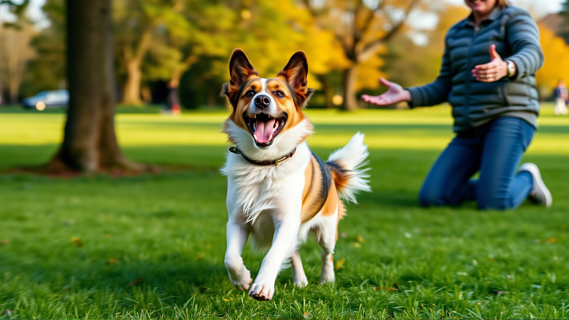 Dog running joyfully toward owner who is kneeling with open arms in an open grassy park, motion blur on dog