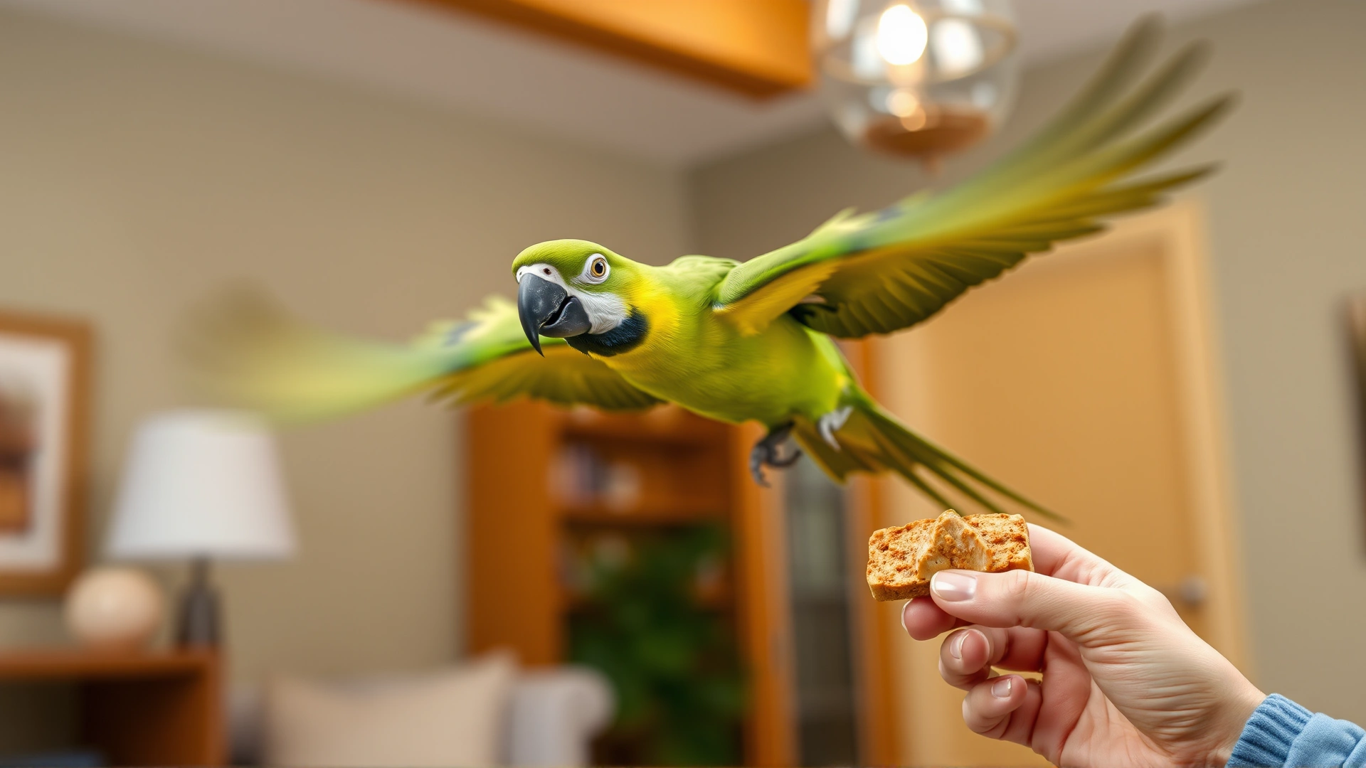 An amazon parrot flying towards its owner who is holding a treat in an indoor setting, motion blur wings